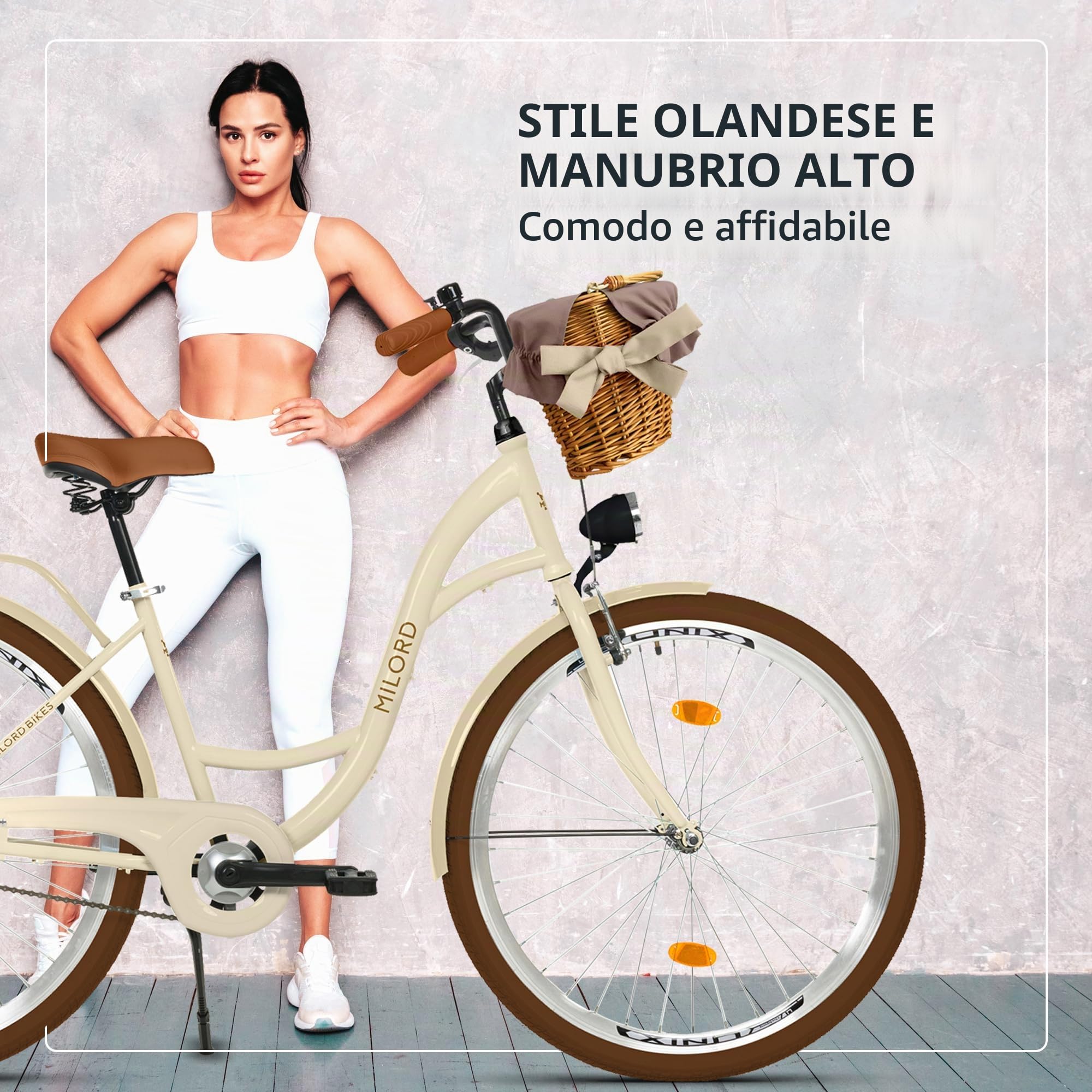 Bicicletta comfort con cestino di vimini, bicicletta olandese da donna, City bike, beige marrone, 1 marcia, 28 pollici