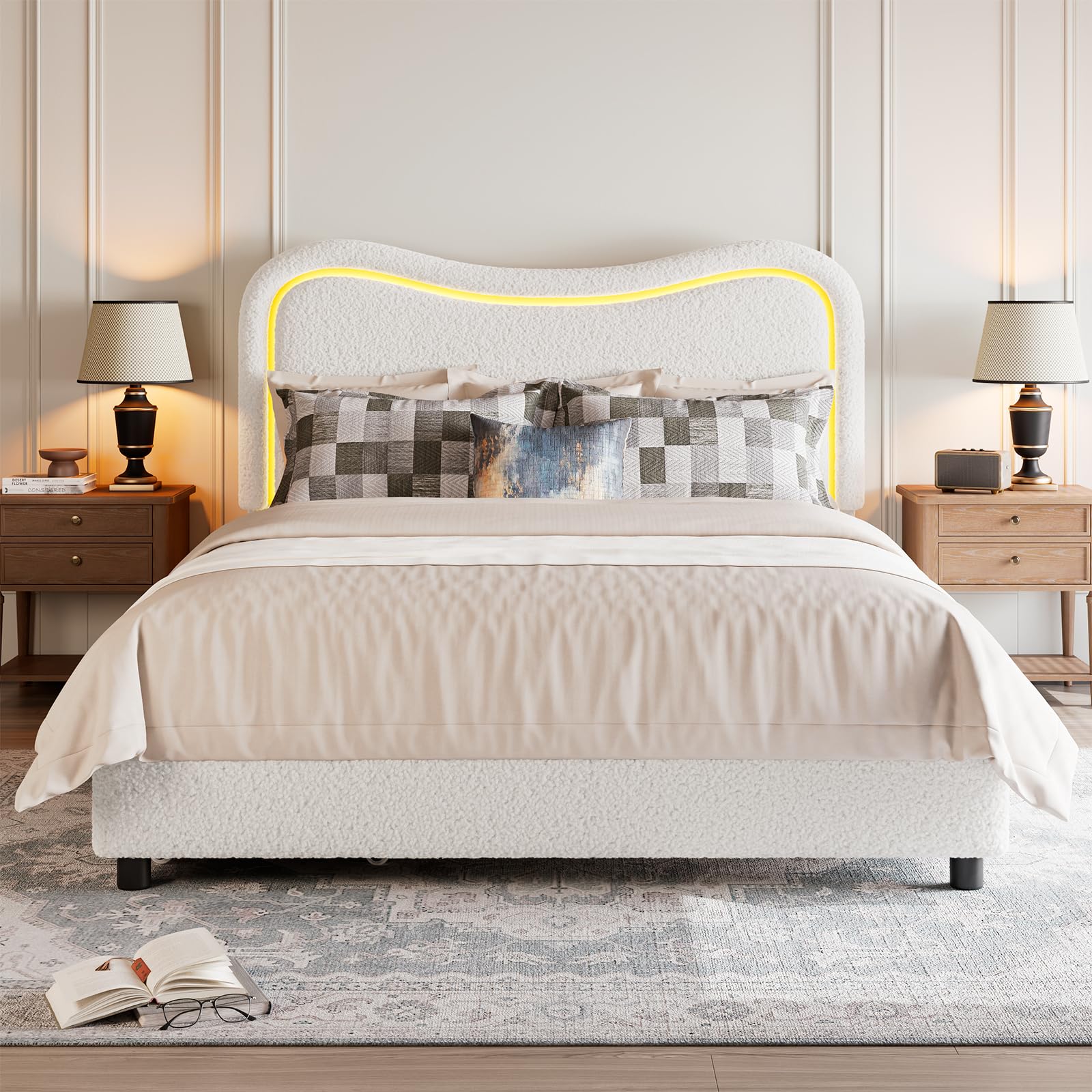 IDEALHOUSE Boucle Queen Bed Frame with 2 Storage Drawers, Upholstered Platform Bed with LED Headboard, Solid Wood Slats Support, No Box Spring Needed for Kids, Teens, Beige