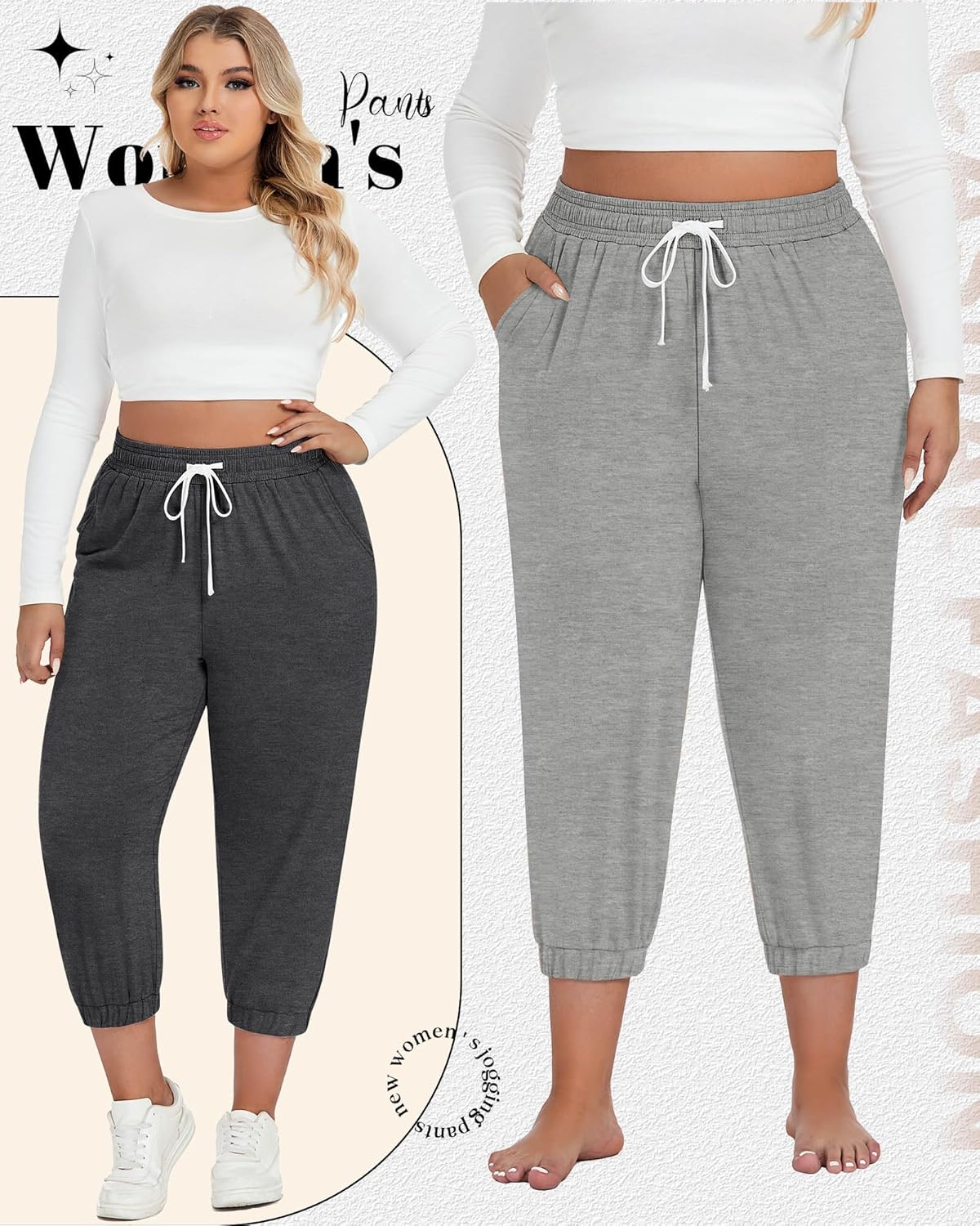 Ficerd 3 Pack Women's Plus Size Capri Sweatpants Cotton Spandex Drawstring Joggers Cropped Athletic Lounge Pants with Pockets(Black, Light Grey, Dark Grey,XXL) - Image 6