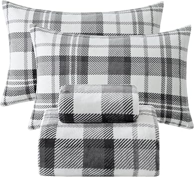Softan Fleece Sheets Queen Size, Flannel Like Soft, Grey White Plaid