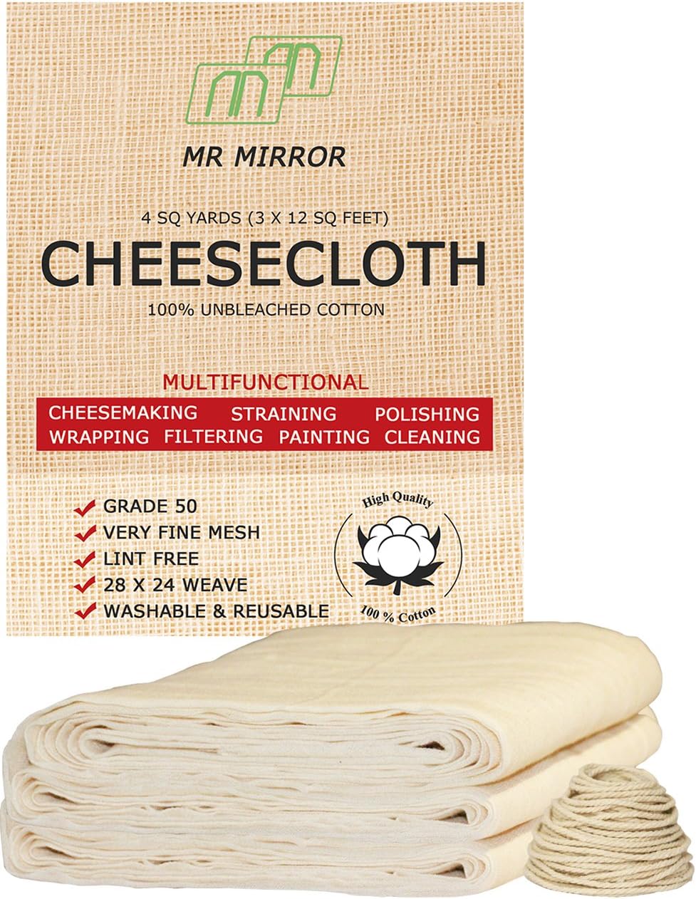 Cheesecloth - Grade 50 - 36 Sq Feet - 100% Unbleached Cheesecloth Strainer for Cooking, Food Grade Cotton Fabric with Cooking Twine(10 Yards), Filter Alternative