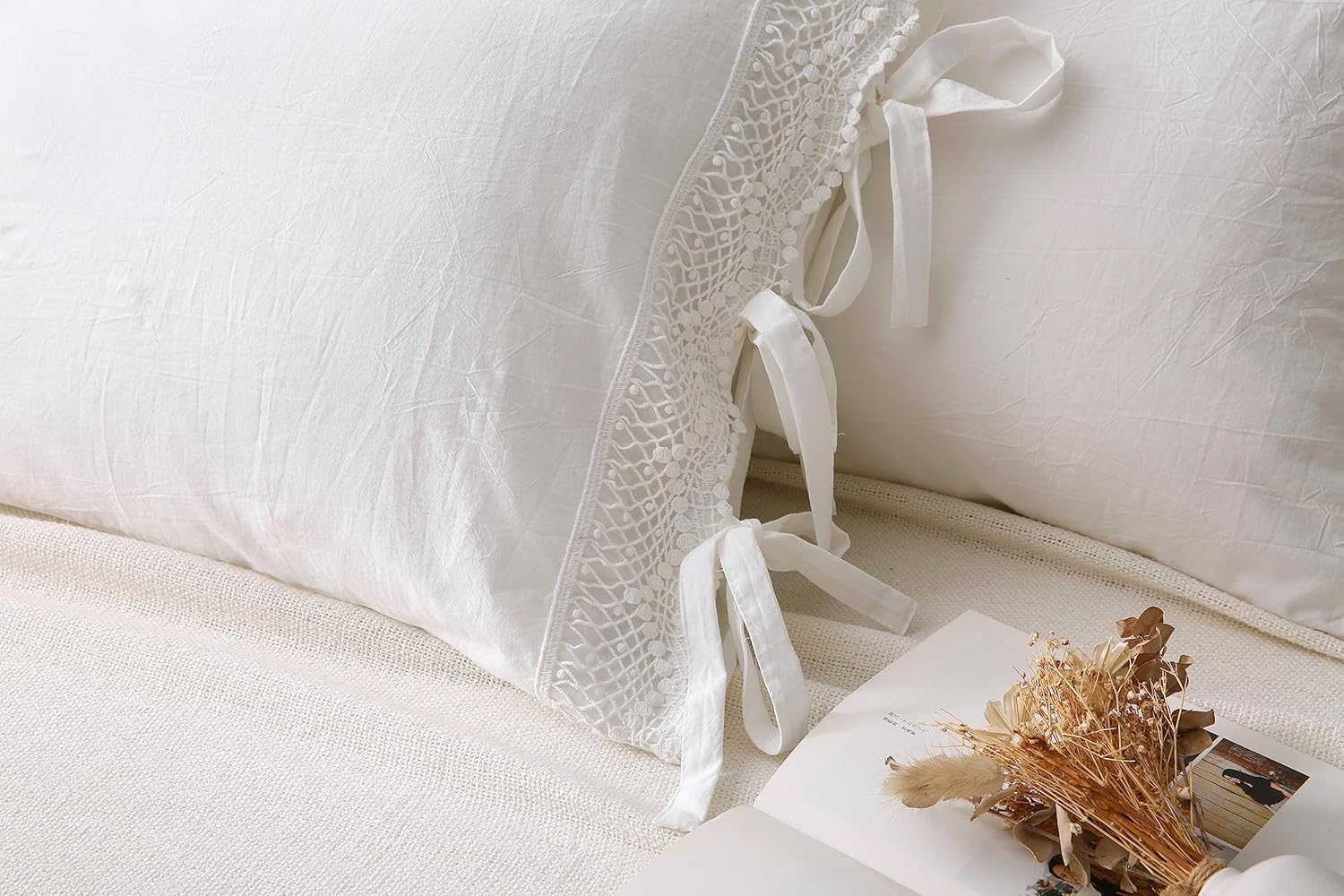 2-Pack Ivory White Lace Bed Pillow Shams Crochet Pillowcase 100% Cotton 30"X20" Queen Size (Off White) Tie Closure