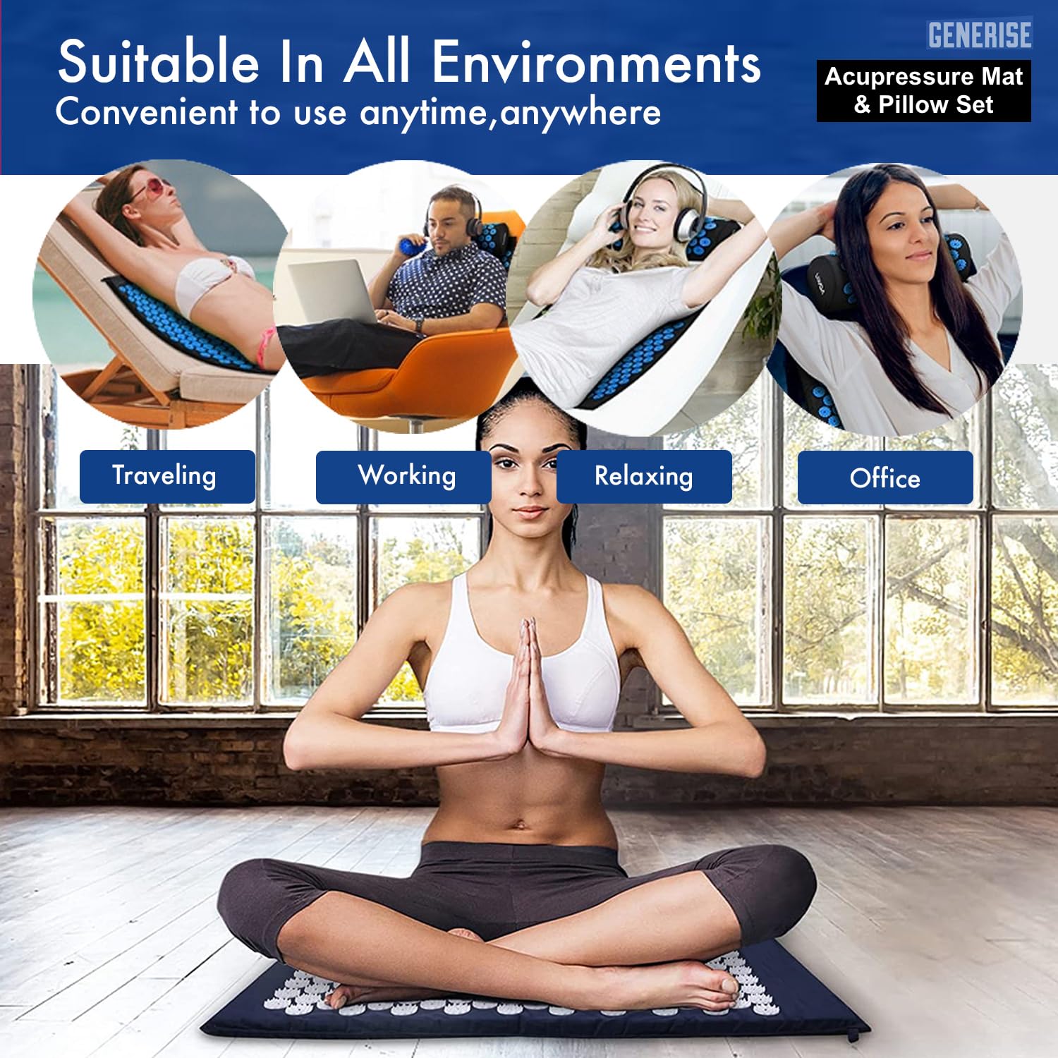 Generise Tapis d'acupression et oreiller pour homme et femme – Soulagement des douleurs dorsales, cervicales et musculaires – Comprend un sac de voyage avec sangle réglable (noir avec pointes bleues)