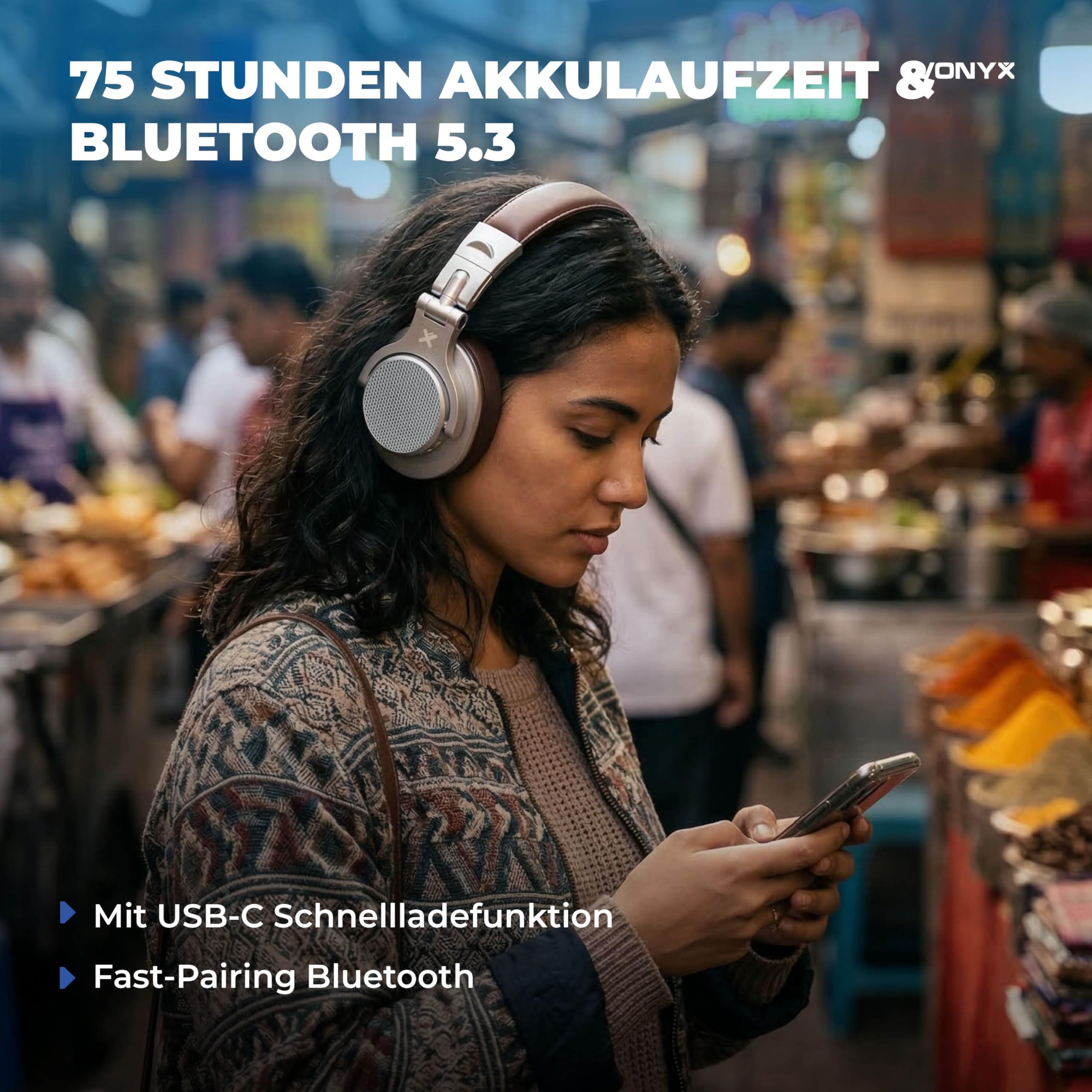 Vonyx HDX120WSN - Over Ear Kopfhörer Bluetooth, 75 Std. Akku, 40mm Treiber - Tiefer Bass, Studio Kopfhörer Kabellos - 3,5/6,3mm Klinke – Faltbar & Drehbar, Bluetooth Headphones mit Tasche - Alu/Braun