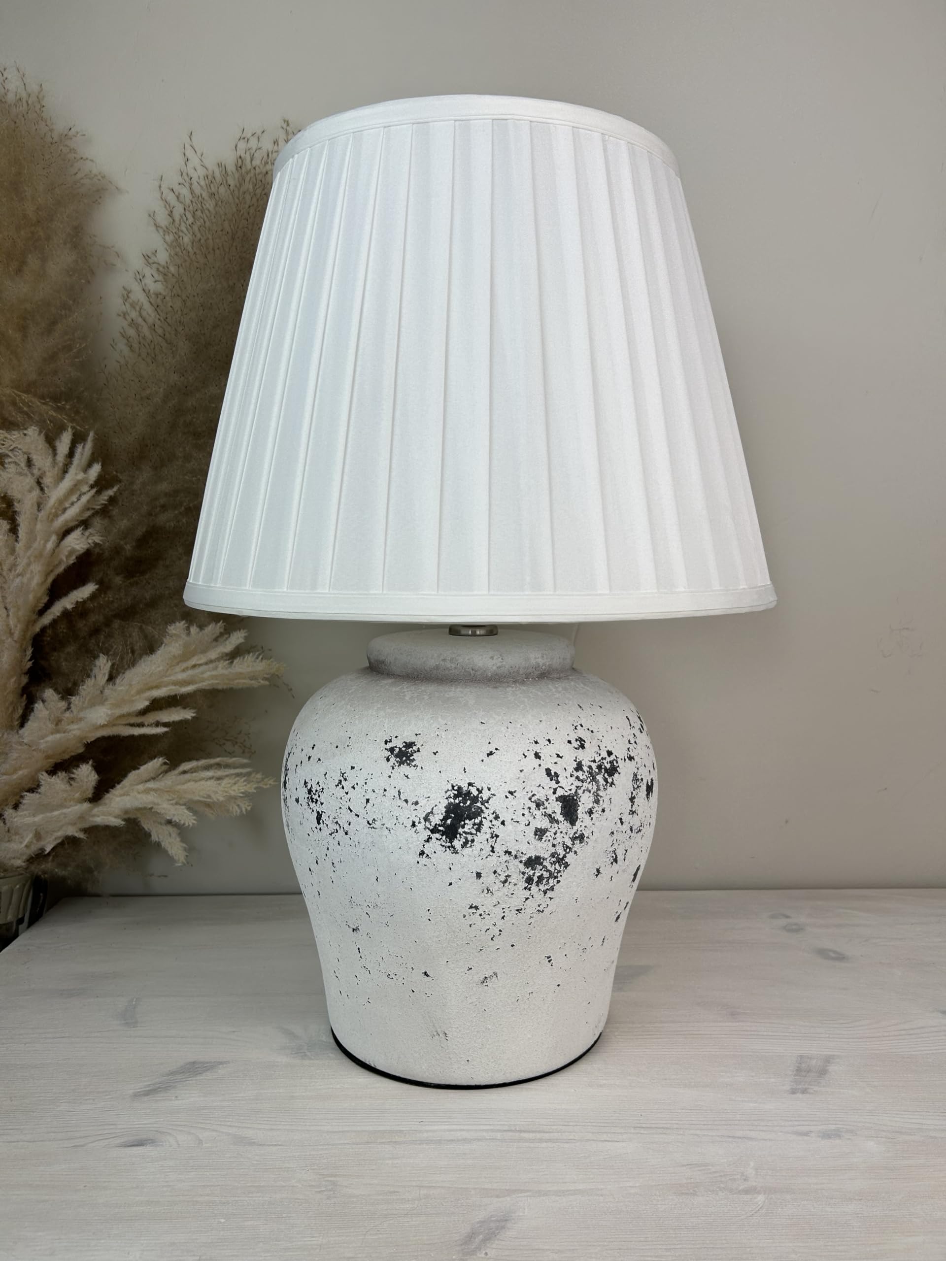 DOWNTON INTERIORS White Stone Effect Distressed Ceramic Table Lamp (G2124) (White Pleated Shade)