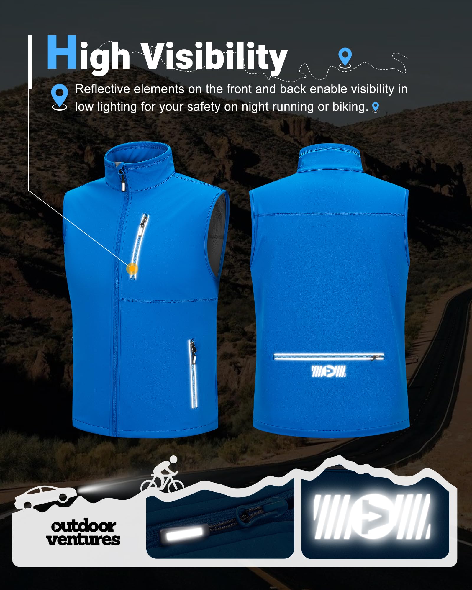 Outdoor Ventures Gilet softshell da ciclismo da uomo, impermeabile, antivento, senza maniche, con cerniera, traspirante,