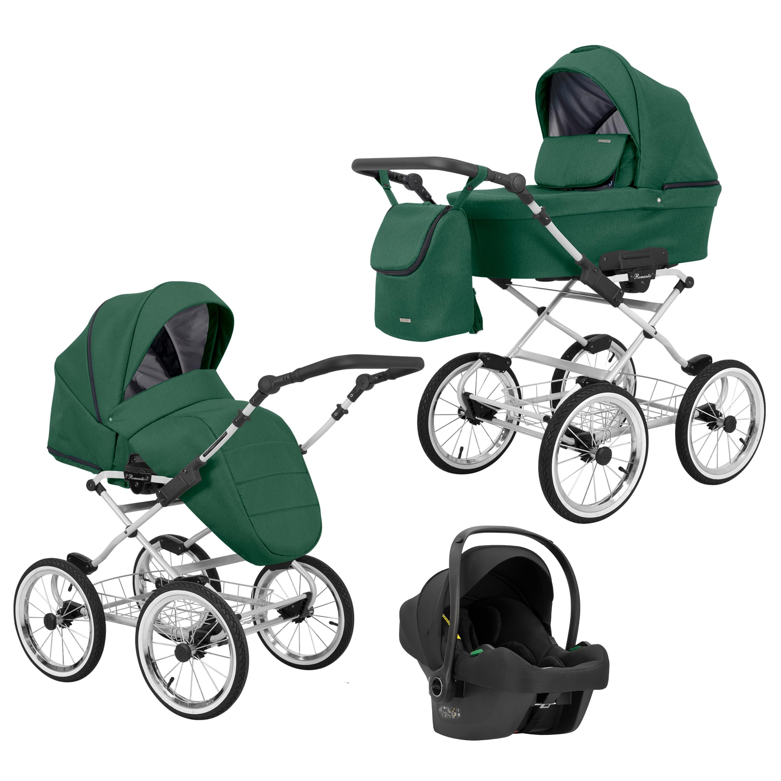 Poussette landau bébé 3 en 1 et 2 en 1 nacelle siège-auto bébé Kunert ROMANTIC retro 3en1 et 2en1 pousette 3 in 1 et 2 in 1 (vert- cadre gris, 3en1 Cosmo)