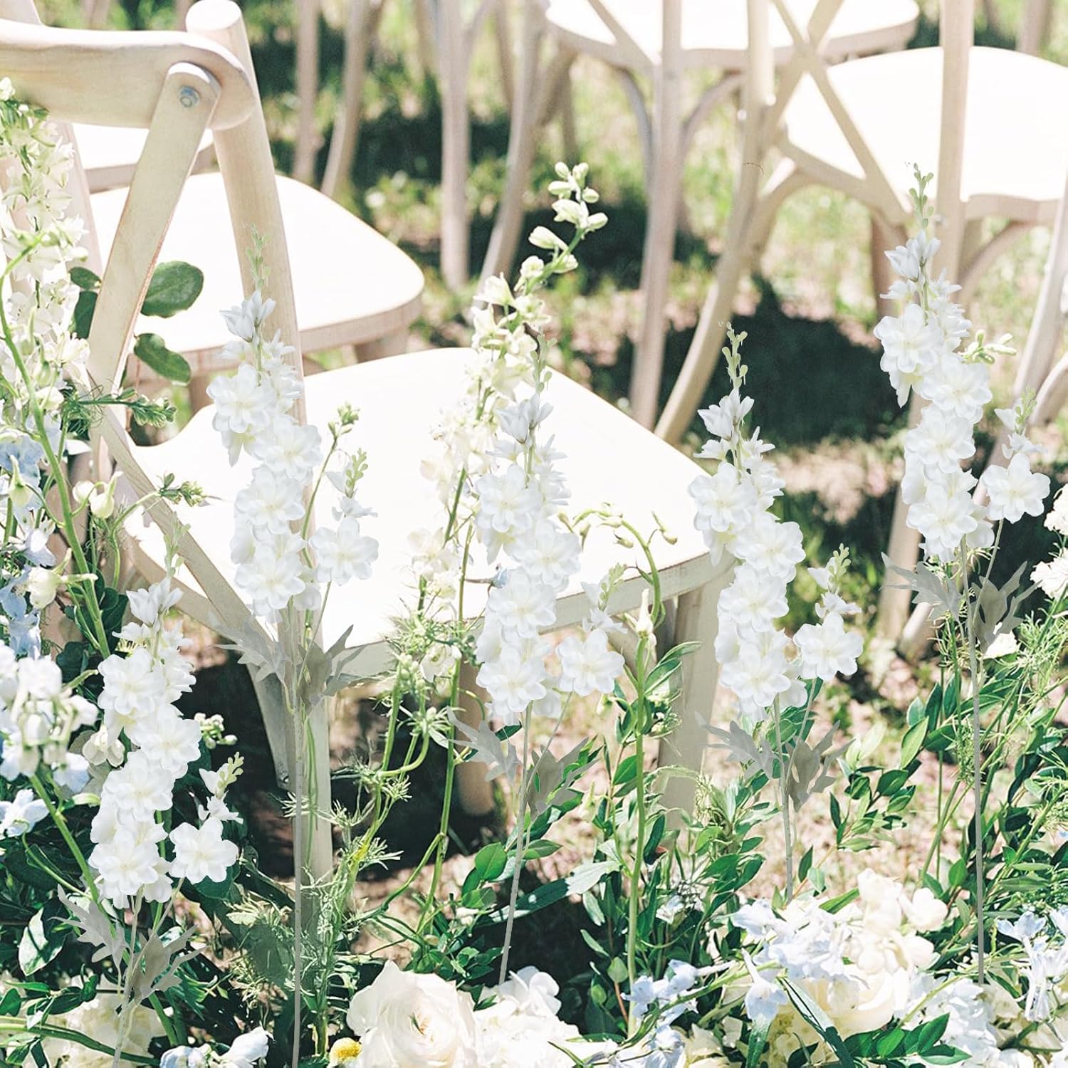8PCS White Delphinium Artificial Flower Silk Larkspur Flowers 34.6'' Long Stem Plant Floral Silk Flowers Faux Bouquets for Tall Vase Floral Arrangements Floor Home Garden Outdoor Wedding Decor - Image 3