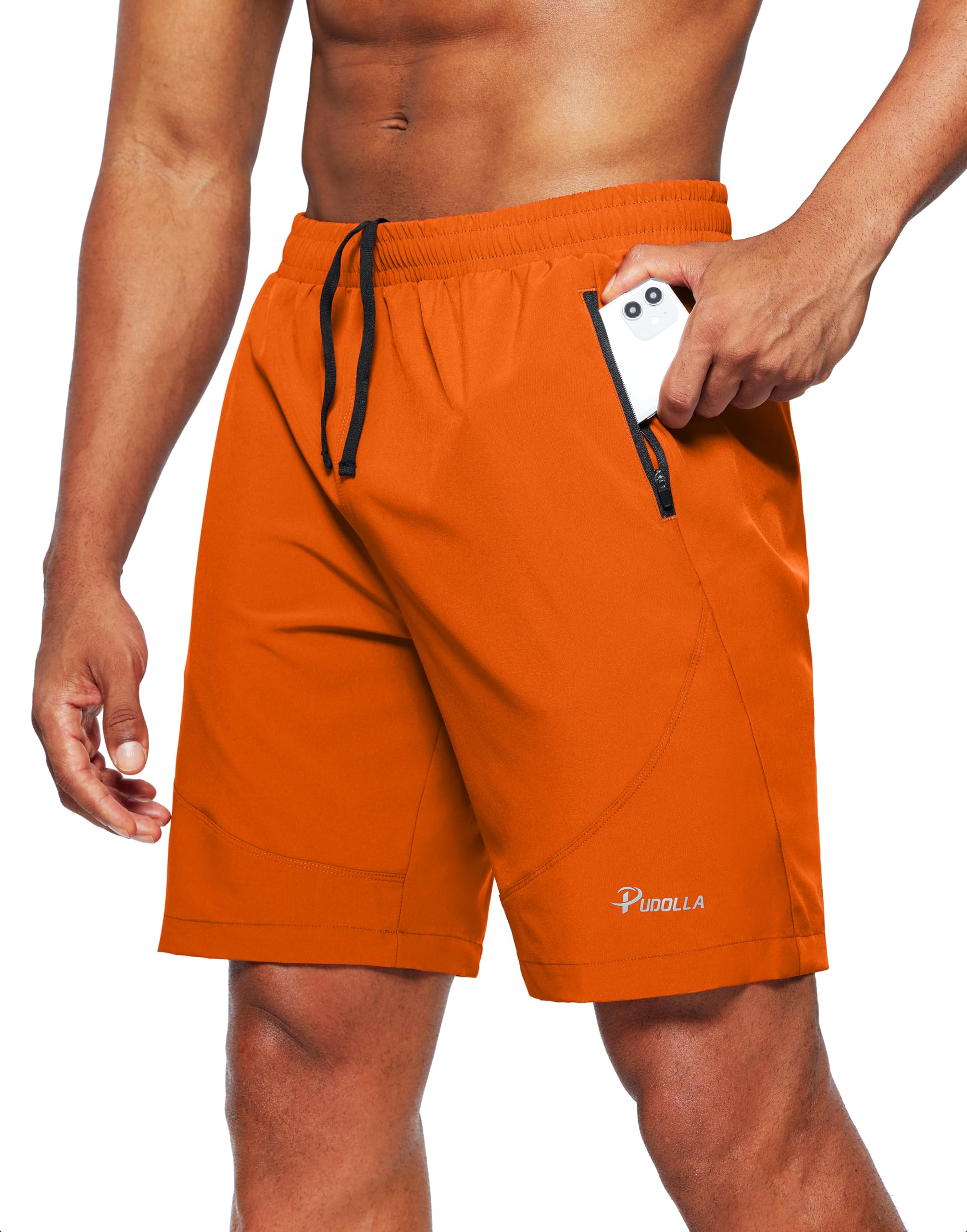pudolla Men's Workout Running Shorts Lightweight Gym Athletic Shorts for Men with Zipper Pockets, Orange, Large-picture-16