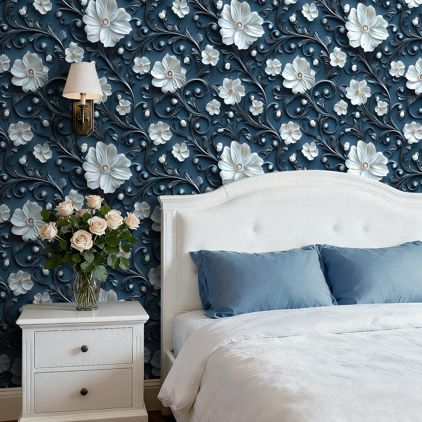 ReWallpaper Carta Da Parati Bianco e Blu Fiori 3d Effetto 44.5CMx7M Lavabile Carta Adesiva per Pareti Bagno Lavanderia Blu Pellicola Adesiva Mobili Cassetti Vinile Rivestimento Adesivo Floreale