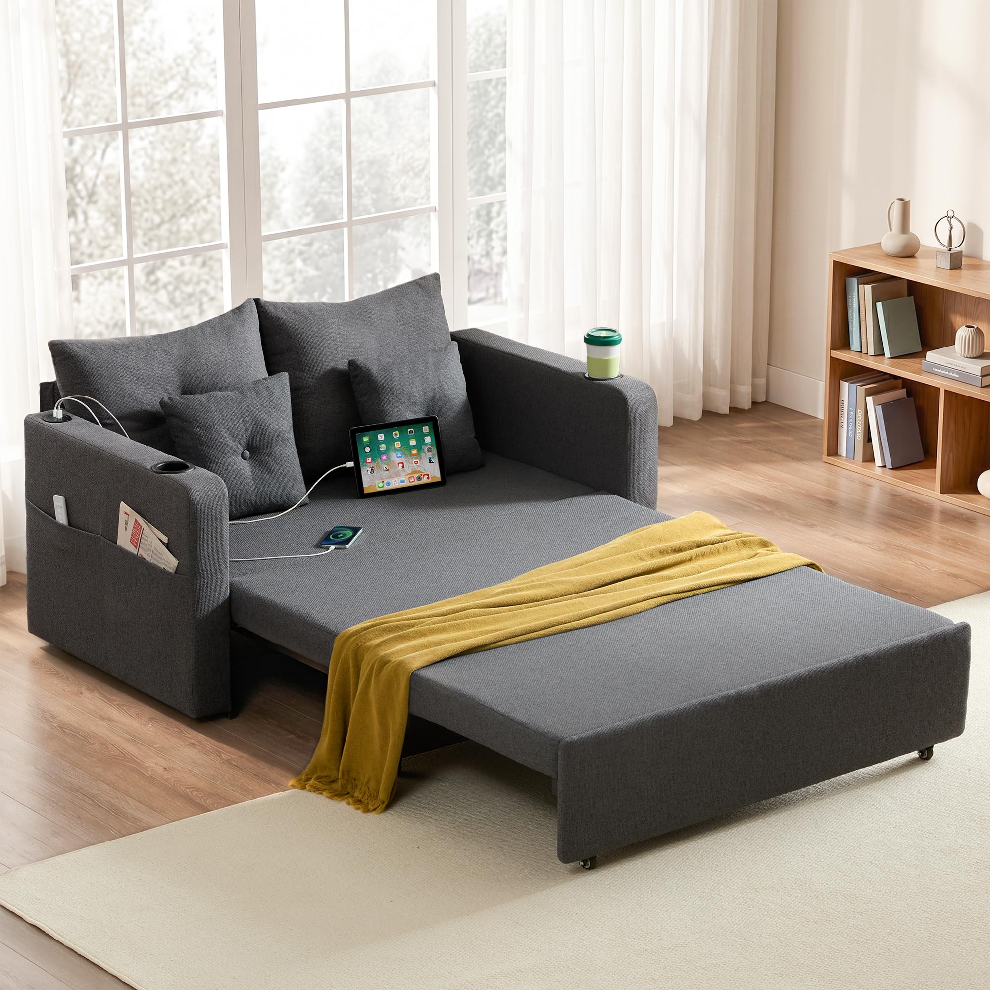 Busaurus / Gericco (FENFIR INC) Busaurus 3 in 1 Convertible Sofa Bed, 56" Full Size Pull Out Couch, Loveseat Sleeper with Storage Pocket, USB, Comfy Sleeper Sofa Bed for Living Room, Bedroom, Small Space, Deep Grey