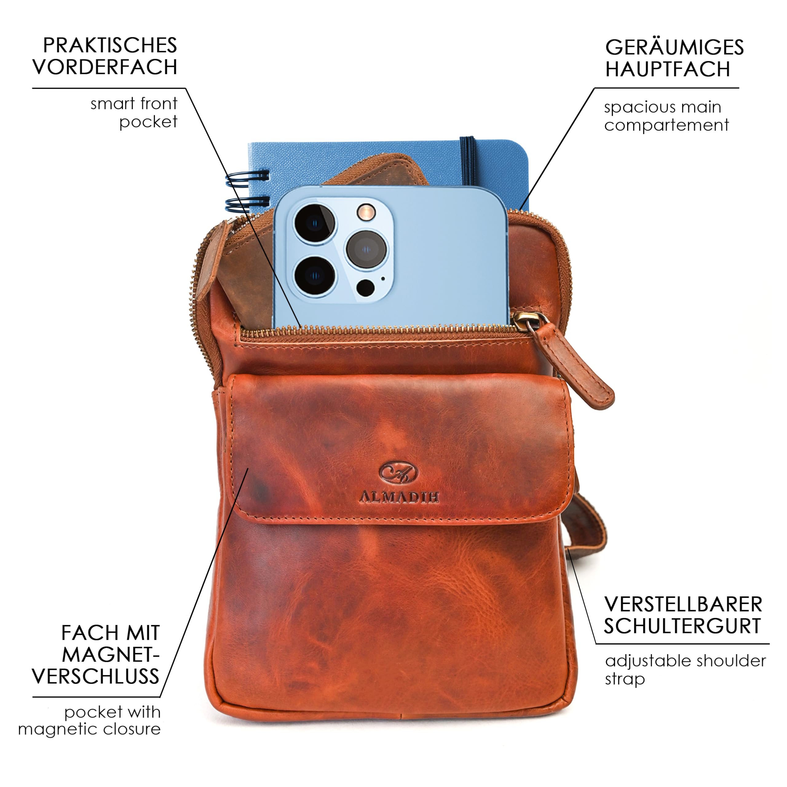 ALMADIH moderne kleine Leder Umhängetasche Herren für Tablet & iPad – RICK braun Vintage - Kompakte Ledertasche für Reisen & Alltag Messenger Schultertasche Freizeittasche Tablet Herrentasche