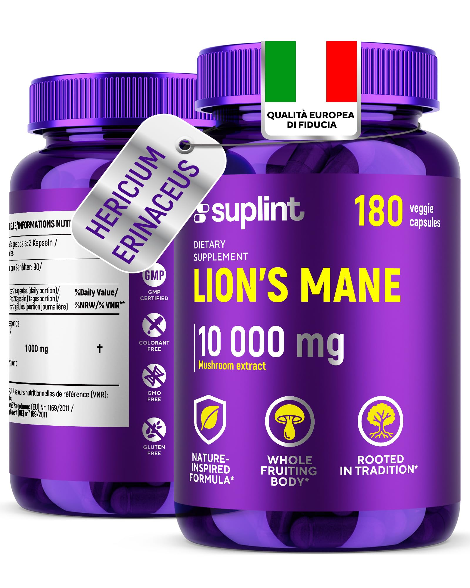 Lions Mane Mushroom Capsule 10.000 mg – Estratto Altamente Concentrato di Hericium Erinaceus 10:1 – Testato in Laboratorio con Certificazione – Integratore Lions Mane – 180 Capsule Vegane