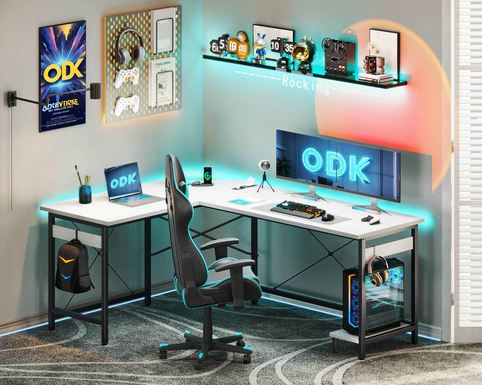 Scrivania Gaming Ad L ODK - 168x120 Cm, Con Prese USB, Bianco, Reversibile, Per Setup Gamer - Foto 7