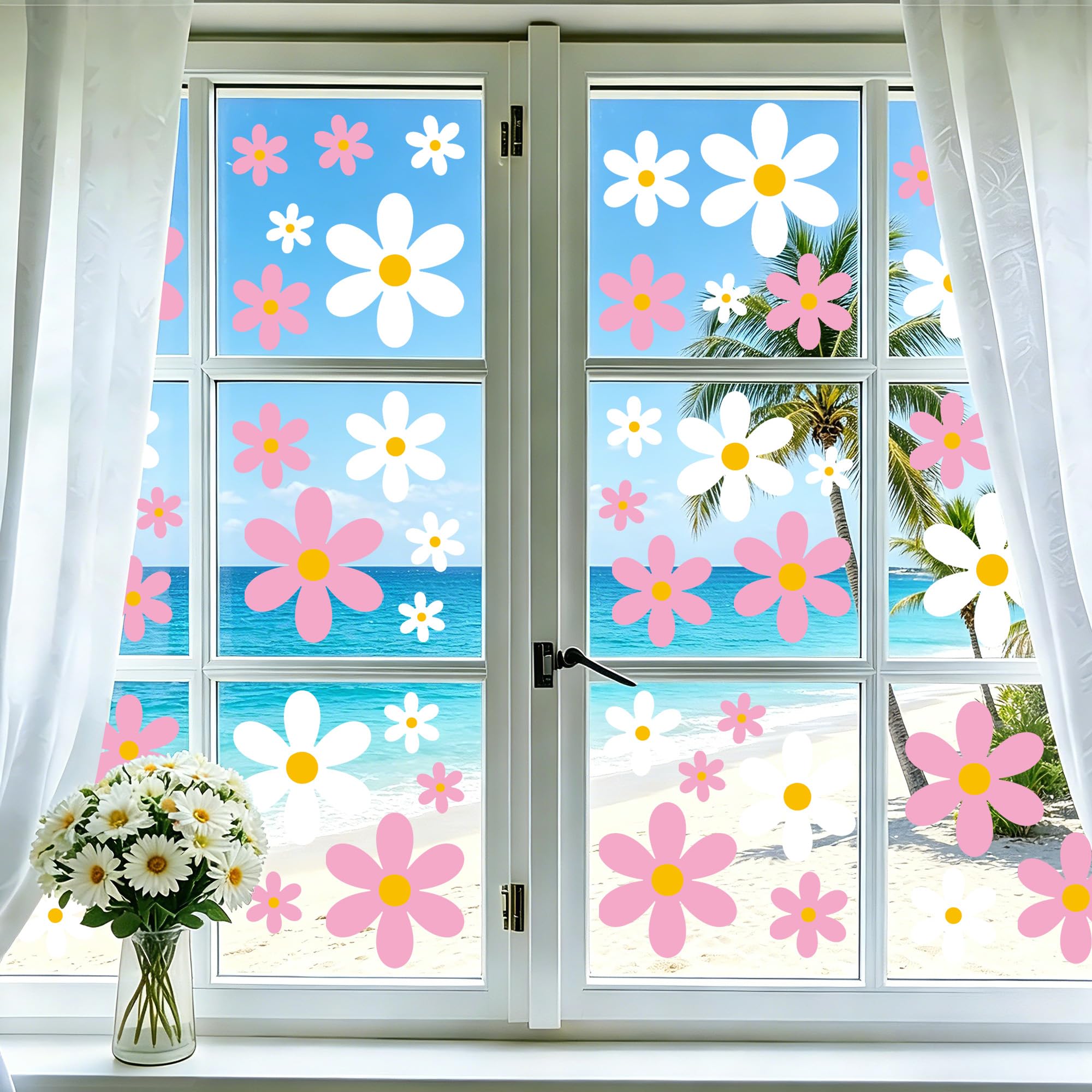 Joeyan 6 Stück 72pcs Frühling Gänseblümchen Fenstersticker Selbstklebend | Rosa Weiße Blumen Fensterbilder, Wiederverwendbare Fensteraufkleber Doppelseitige Glasdeko für Büro Zuhause Party