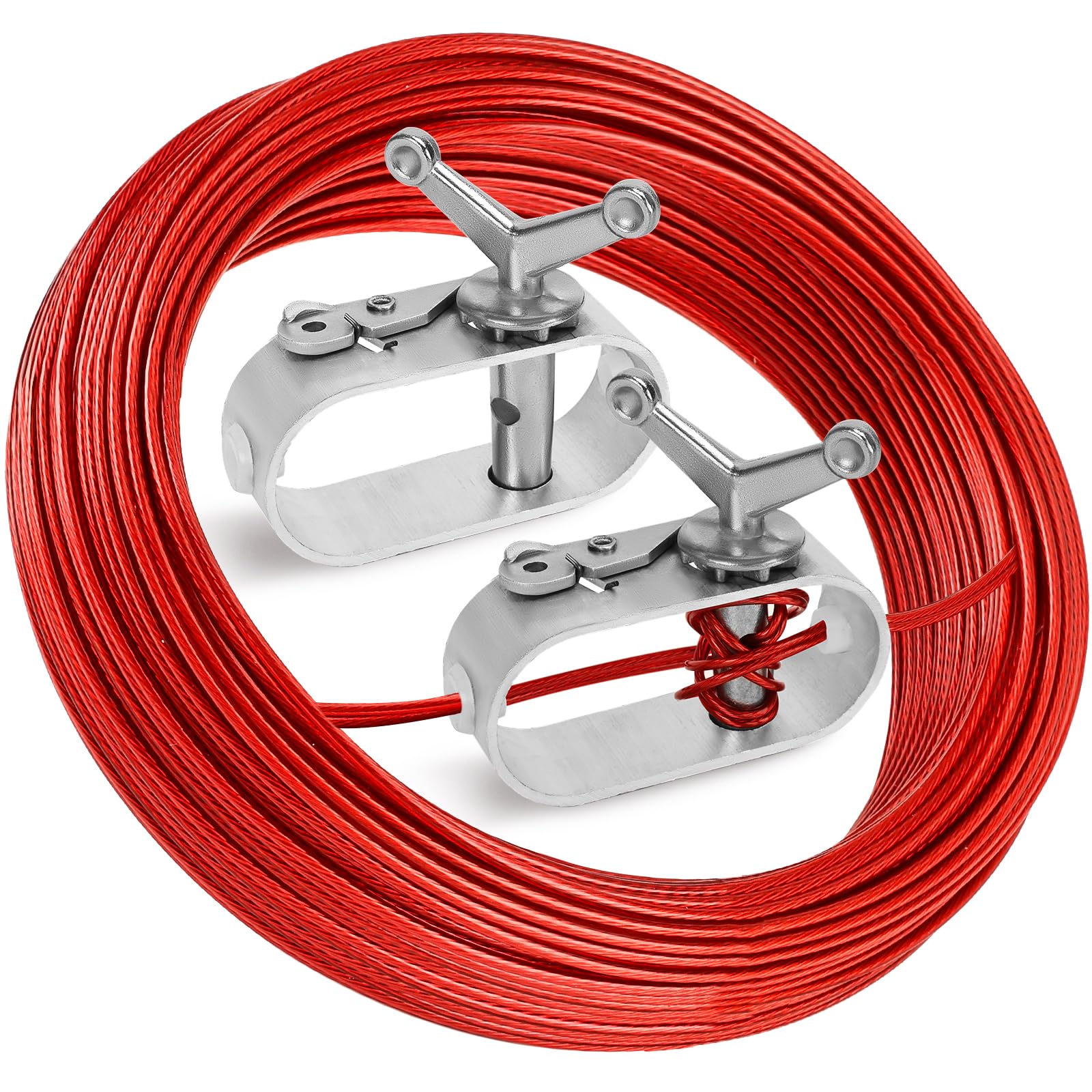 150Ft Pool Cover Cable and 2 Winch Kit for Securing Above Ground Swimming Pool Cover, Plastic-Coated Steel Cable Wire Aluminum Ratchet Winch, Winterize Pool Closing Cover Wire and Winch (Red)