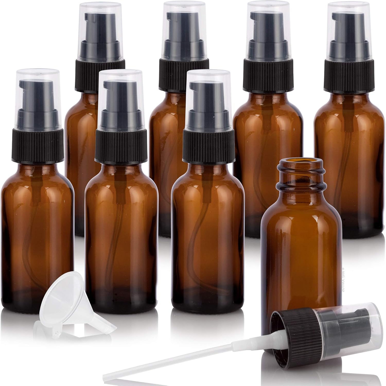 JUVITUS (8 pack) 2 oz Amber Glass Boston Round Black Treatment Pump Bottle + Funnel