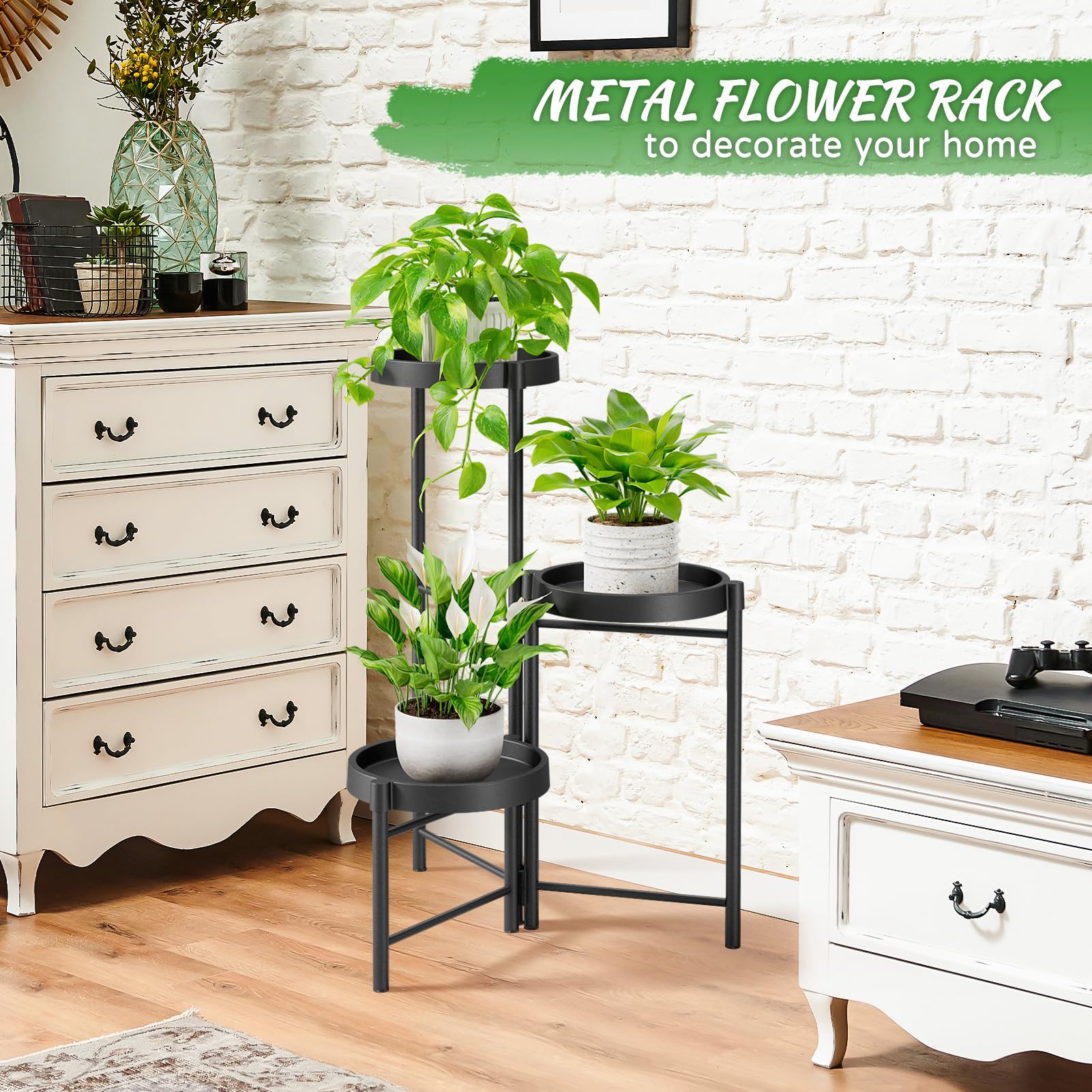 iDavosic.ly Pflanzenständer Metall mit 3 Ebenen, Blumenregal Blumenständer Mehrstöckig mit Beinen für Zimmerecke, Wohnzimmer, Balkon, Terrasse, Hof (Schwarz)