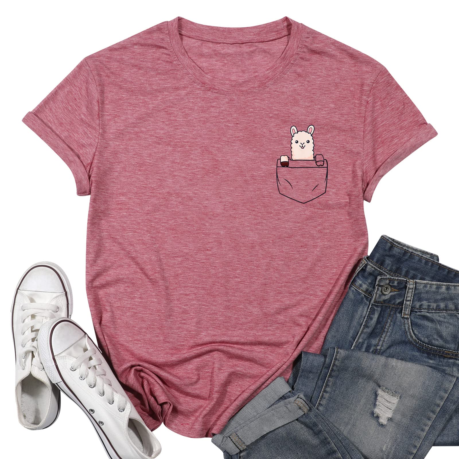 LUKYCILDLlama in A Pocket Shirt Women Cute Llama T-Shirt Animal Lover Short Sleeve Funny Graphic Top