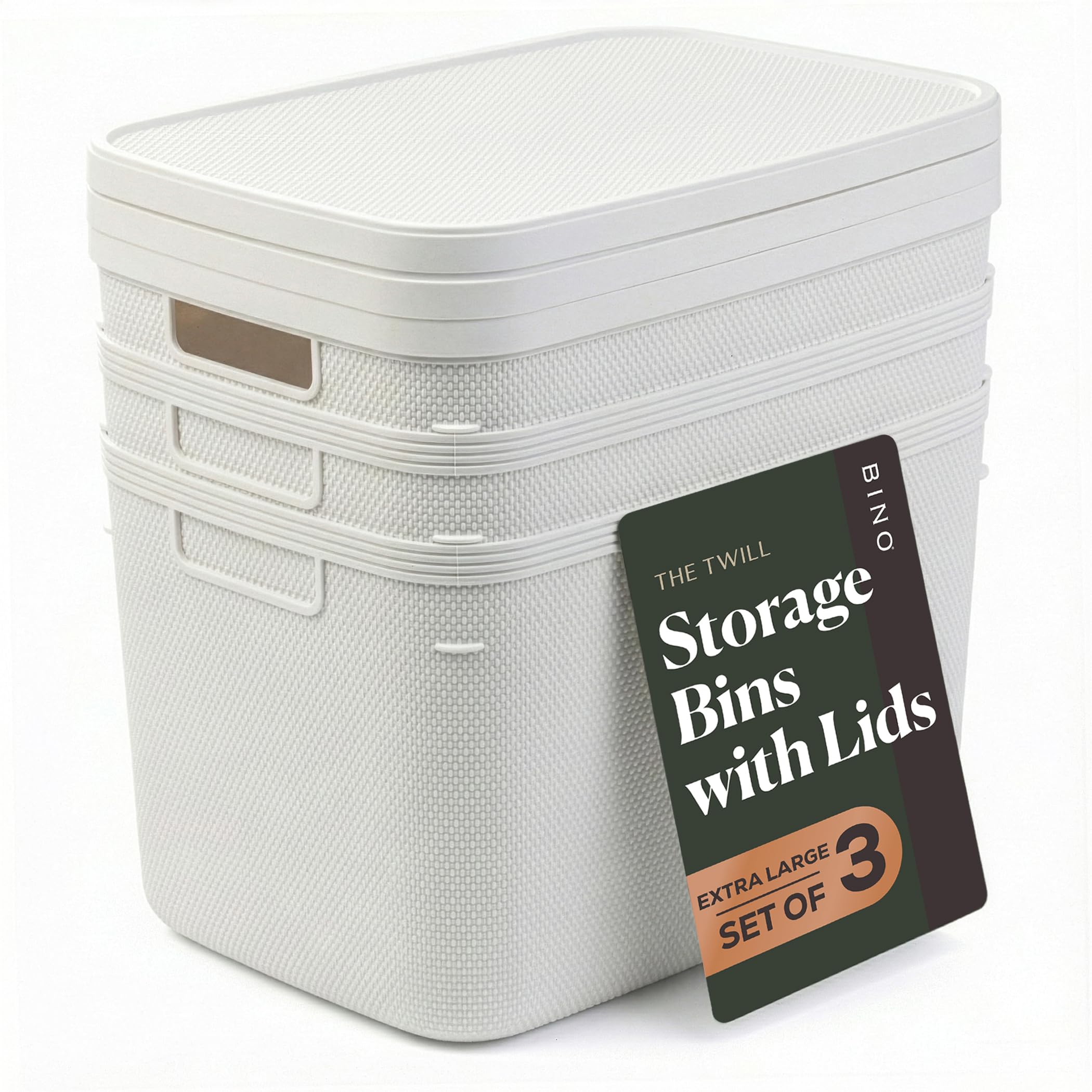 BINO | Plastic Storage Bins with Lids, 20 Liter - 3 Pack, White | THE TWILL COLLECTION | Plastic Bins for Organization | Woven Storage Baskets for