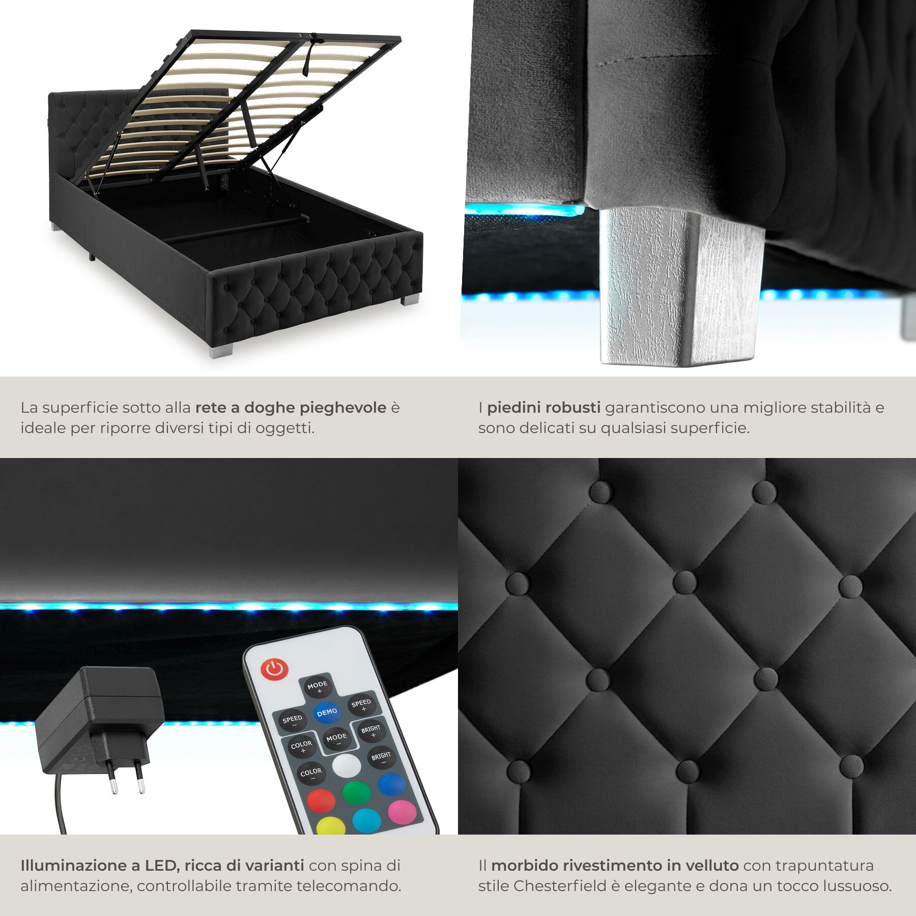 tectake® Letto Matrimoniale Imbottito con Rete a Doghe 120x200 cm, Letto Contenitore Matrimoniale e Illuminazione LED, Struttura in Acciaio, Velluto Trapuntato Chesterfield, con Telecomando - Nero