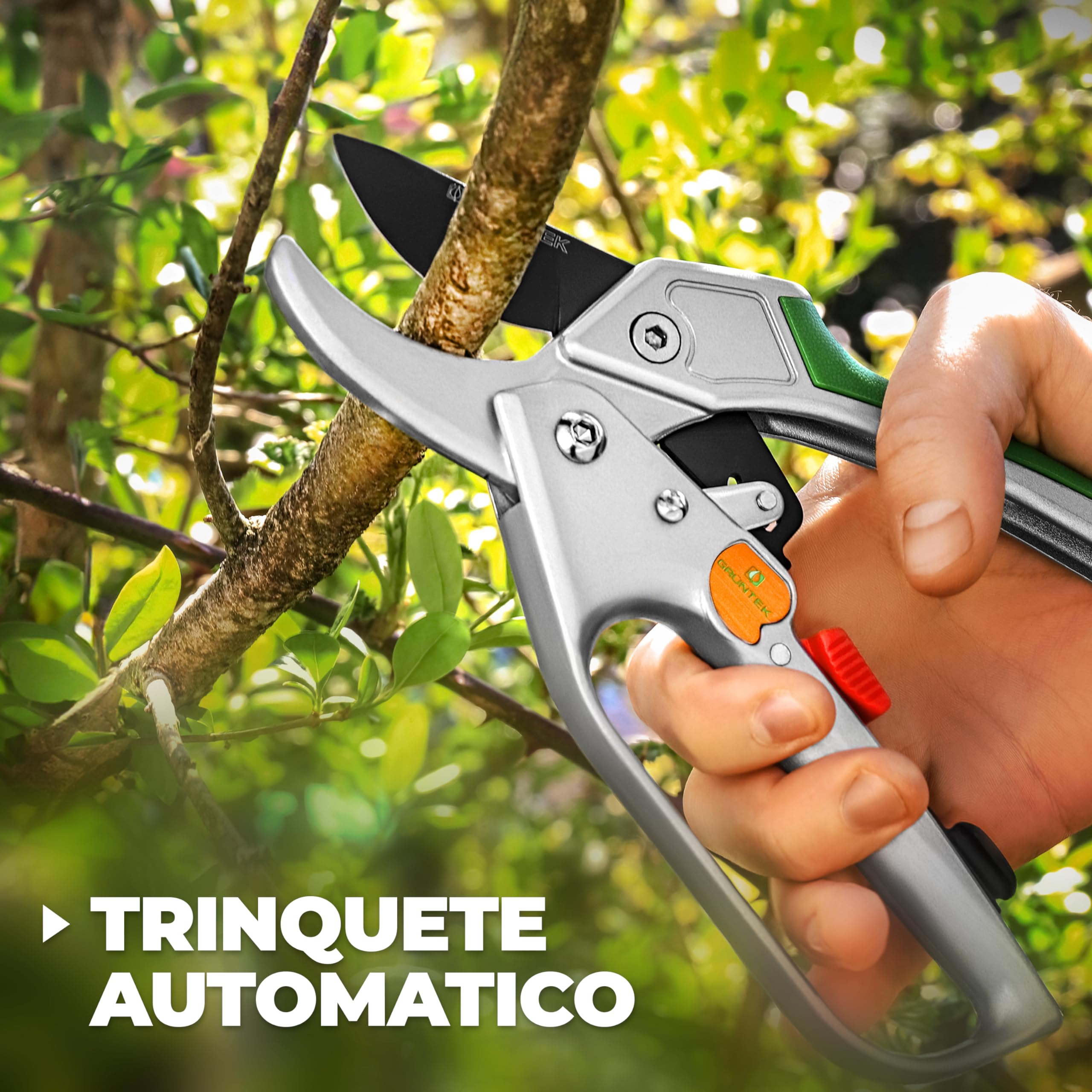 GRÜNTEK Tijeras de Podar Jardín Profesional Cóndor 20cm con Trinquete, Tijera de Yunque Recolectora, Cortarramas con Hoja de Acero Antiadherente y Mangos de Aluminio