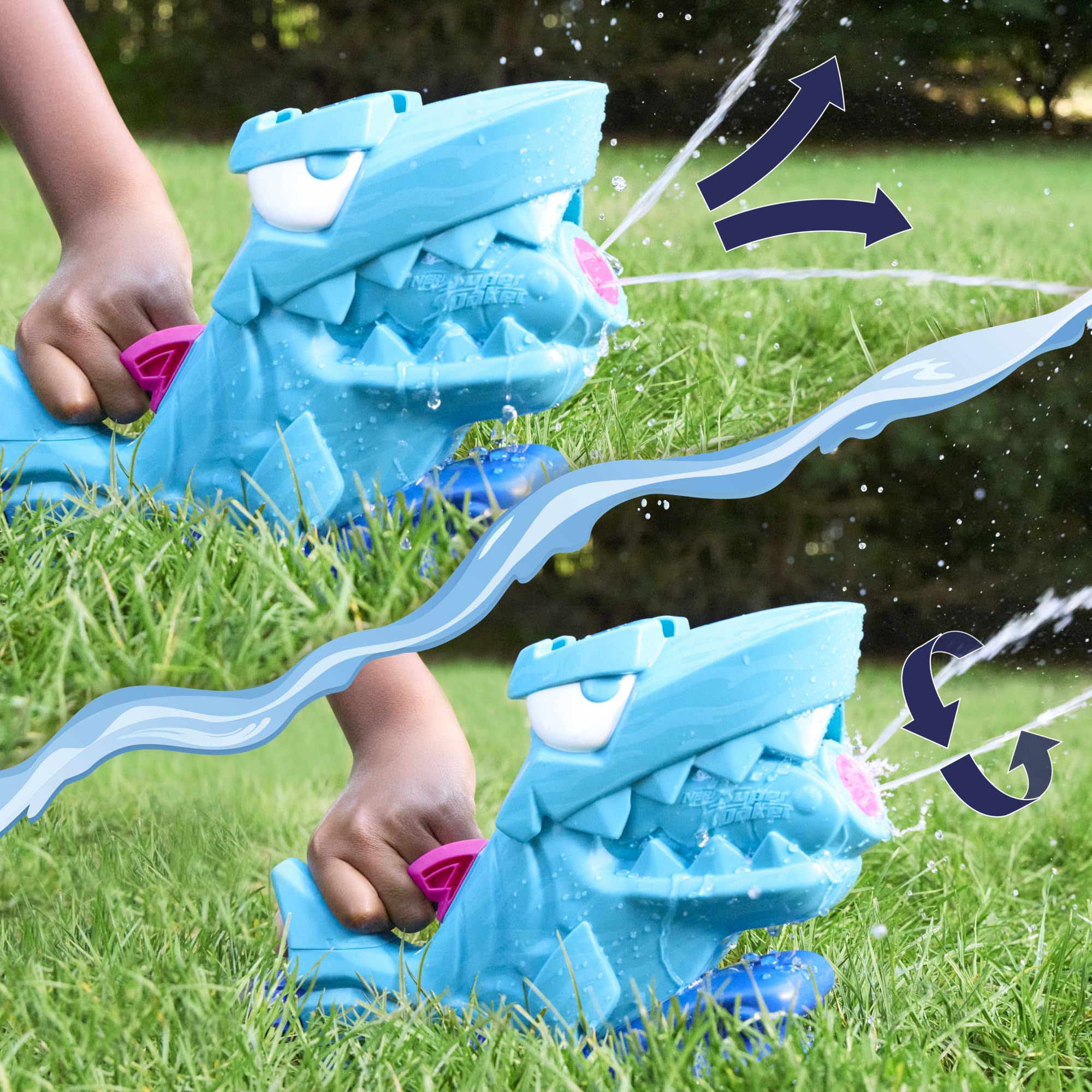 Zabawka wodna Nerf Super Soaker Hop & Chomp, polewanie strumieniami wody, kłapiąca szczęka, podłączanie do węża ogrodowego, zabawki dla dzieci do wodnej zabawy poza domem, wiek: od 3 lat
