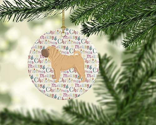 Miniatura 2 de Caroline's Treasures Shar Pei - Adorno de cerámica con texto en inglés Merry Christmas, multicolor para colgar en el árbol de Navidad, fiestas,