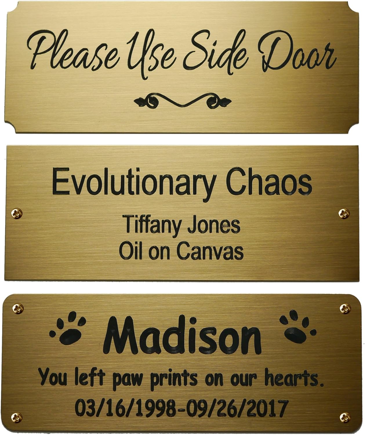 Size: 4" W x 1-1/2"H, Personalized, Custom Engraved, Brushed Gold Solid Brass Plate Picture Frame Name Label Art Tag for Frames, with Adhesive Backing or Screws - Indoor use only