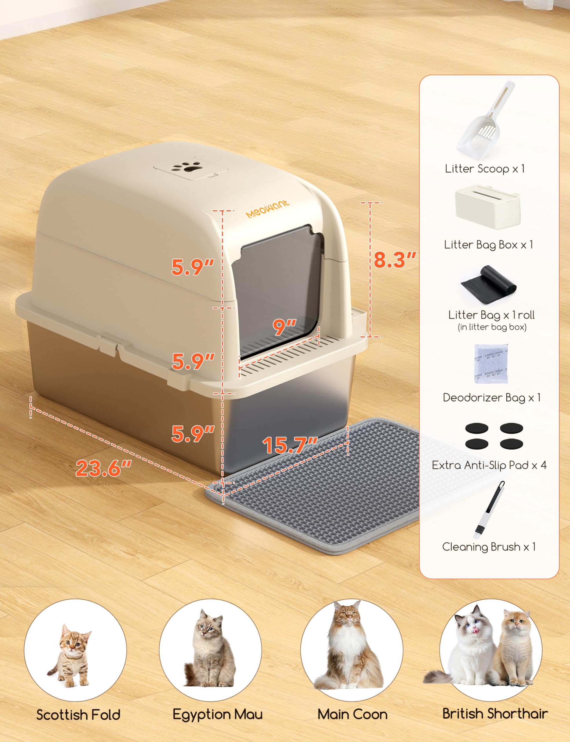 Meowant Lettiera per Gatti in Acciaio Inox, Lettiera Gatto Chiusa XXL, Toilette Grande per Gatti con Paletta e Tappetino, Antiaderente, Antiodore, Facile da Pulire, 60 x 40 x 45 cm, Bianco