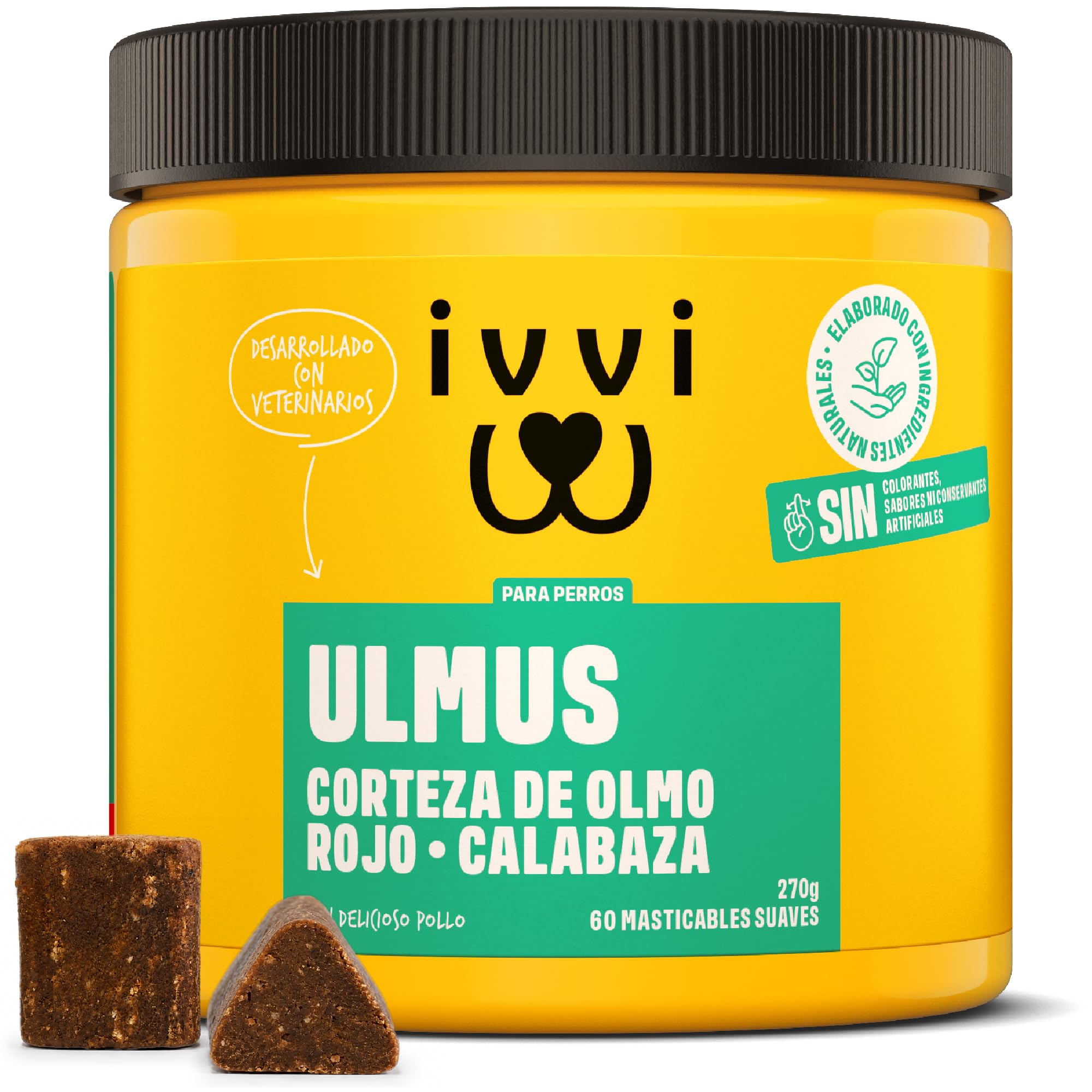 ivvi Ulmus Snacks Digestivos para Perros con Corteza de Olmo, Calabaza y Linaza – Snacks Blandos con Pollo, Apoyo Digestivo Suave, para Estómagos Sensibles, 60 Snacks, 270 g