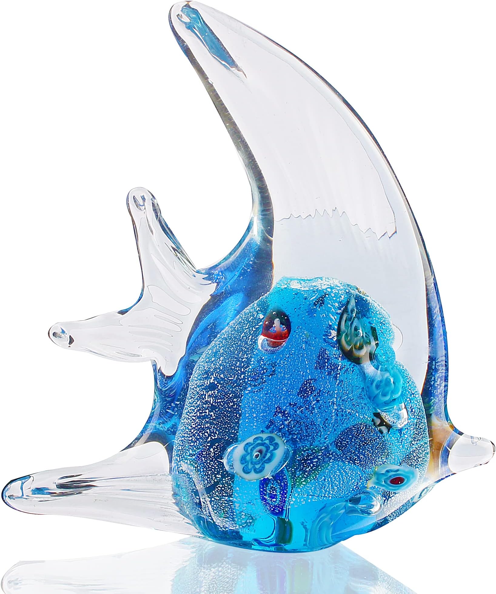 Hophen Angel Fish Art Glass Blown Handmade Sea Animal Figurine Sculpture Home Decor Collectible Statue Paper Weight Gift Ornament (Small Blue)