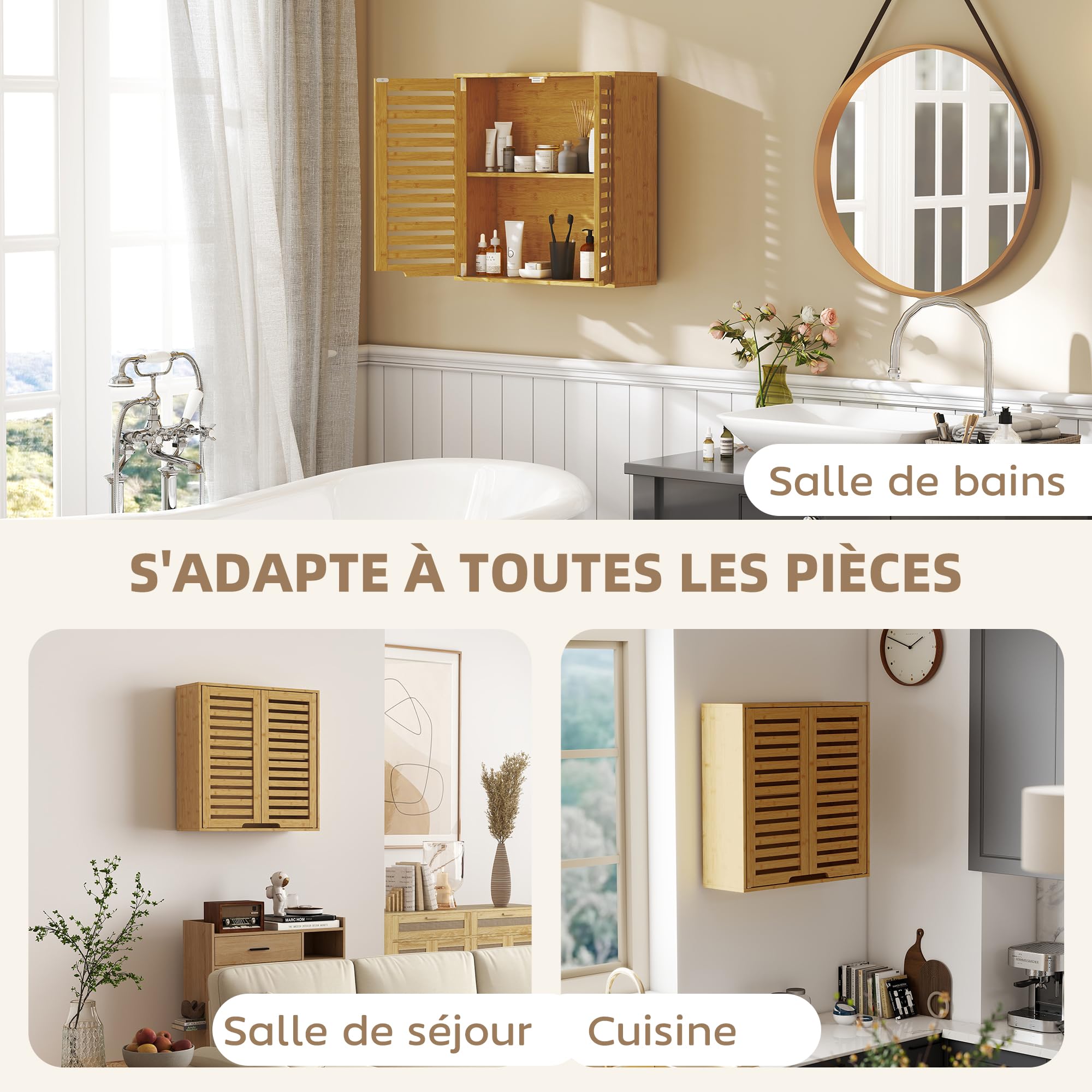 HOMCOM Armoire Murale de Salle de Bain, Meuble de Rangement avec 2 Compartiments et Étagère Réglable, Meuble Haut en Bambou pour Toilette, Cuisine, 60 x 20 x 60 cm, Effet Bois Naturel
