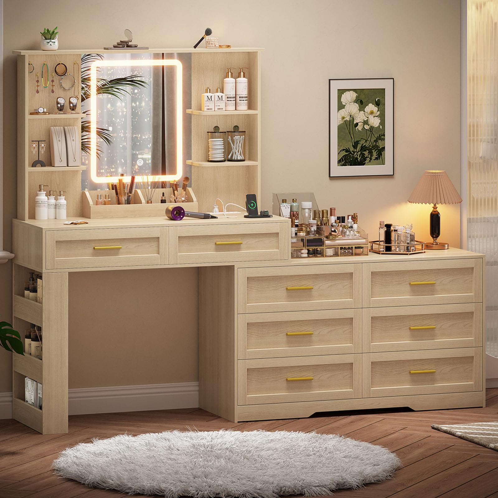 Amazon.com: ELYKEN Vanity Dresser with Mirror Lighted for Bedroom, Wood  Makeup Vanity Table with Charging Station, Vanity Desk with 6 Storage  Shelves, Drawer Dresser Leg Storage : Home & Kitchen