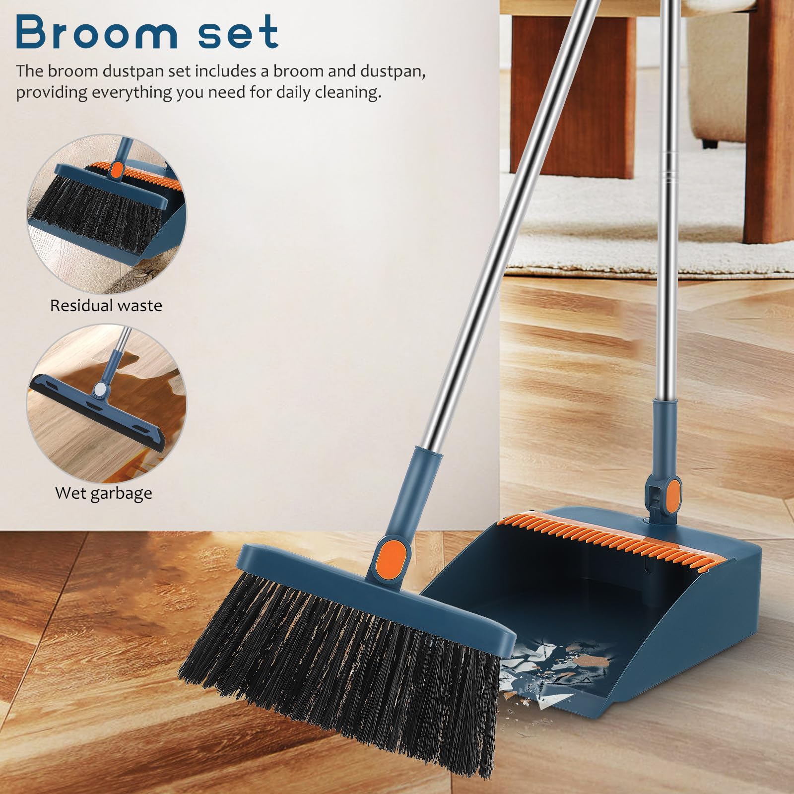 UKCOCO Juego de Escoba y Recogedor Plegable en 3 Piezas Azul de Plástico Diseño Multifuncional y Eficaz para Limpieza Interior del Hogar