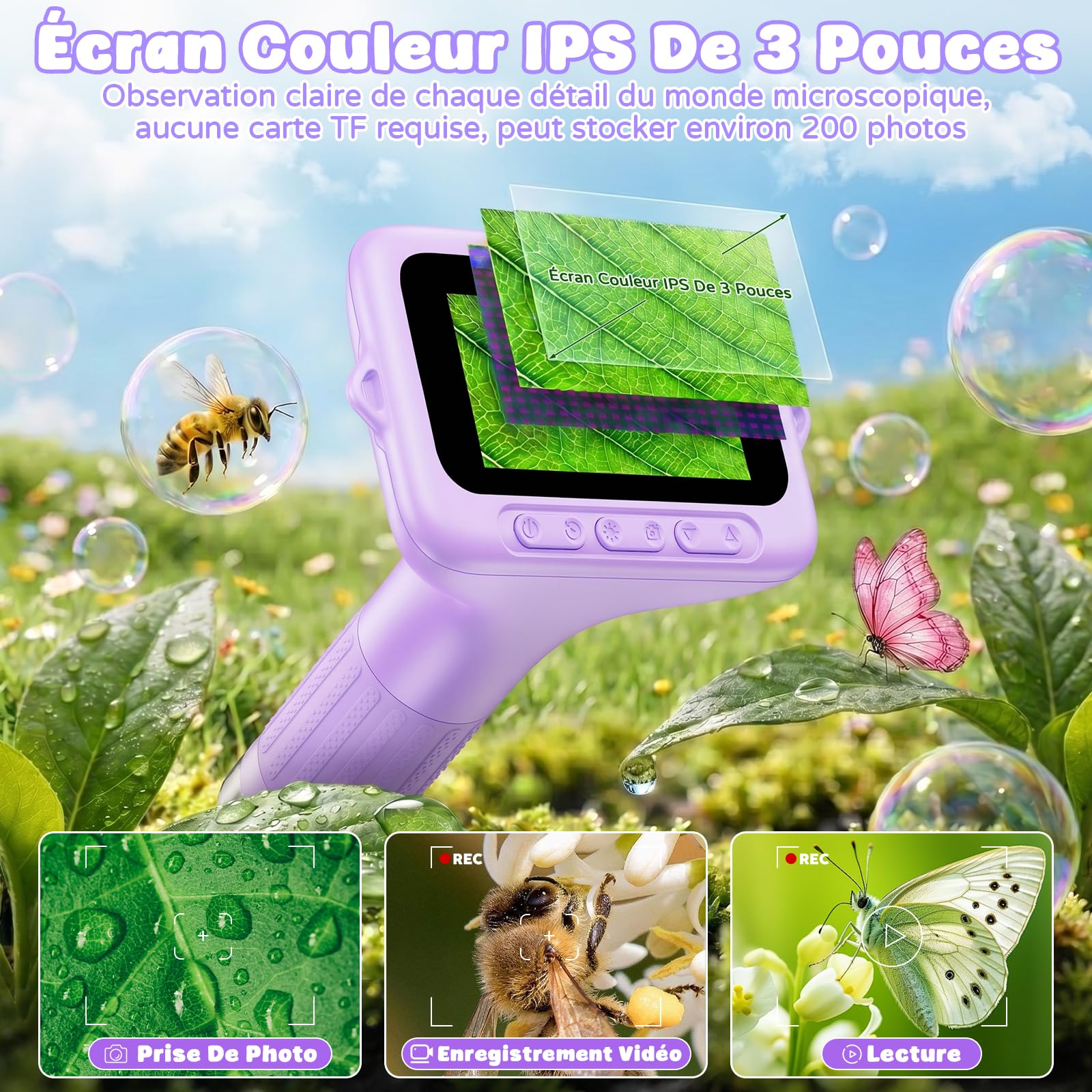 Microscope Numérique Enfants 1000x, Microscope Portable Enfants avec écran HD de 3 Pouces, Fonction Photo et Compatible PC pour Jardin, Forêt et Activités en Plein Air (Violet)