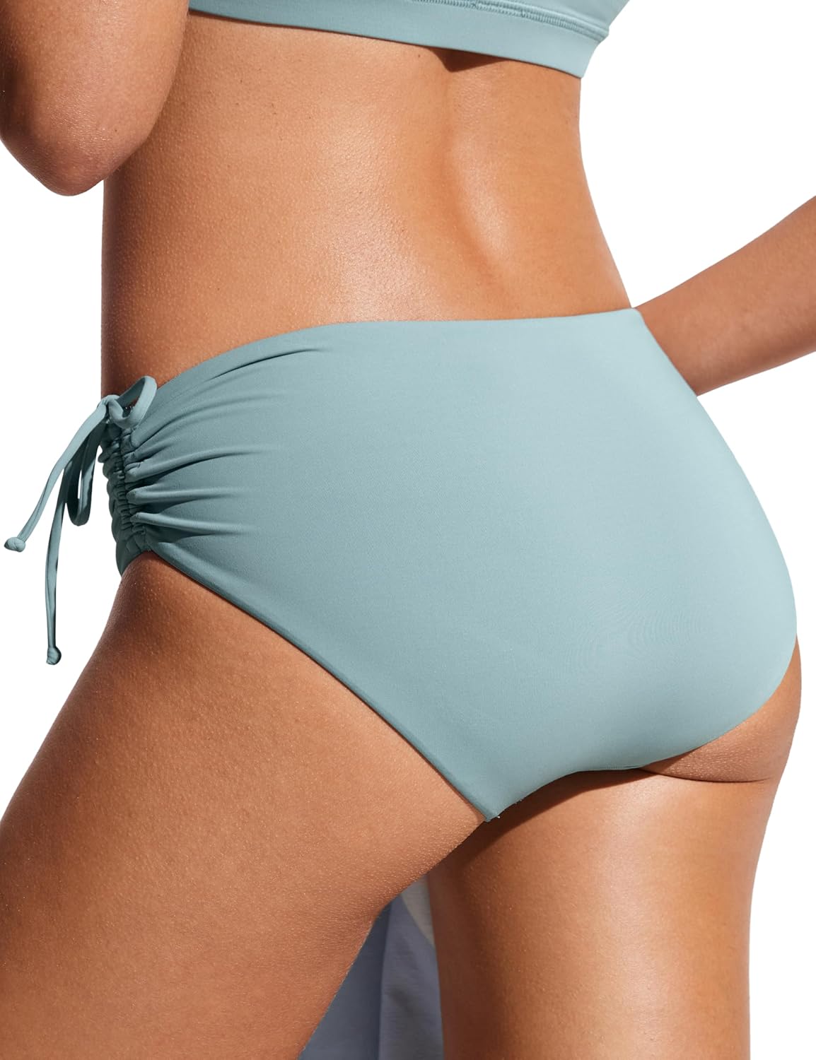 CRZ YOGA Mid Waisted Ruched Bikini Bottoms for Women - Full Coverage Bathing Swimsuit Adjustable Side Tie Swim Briefs