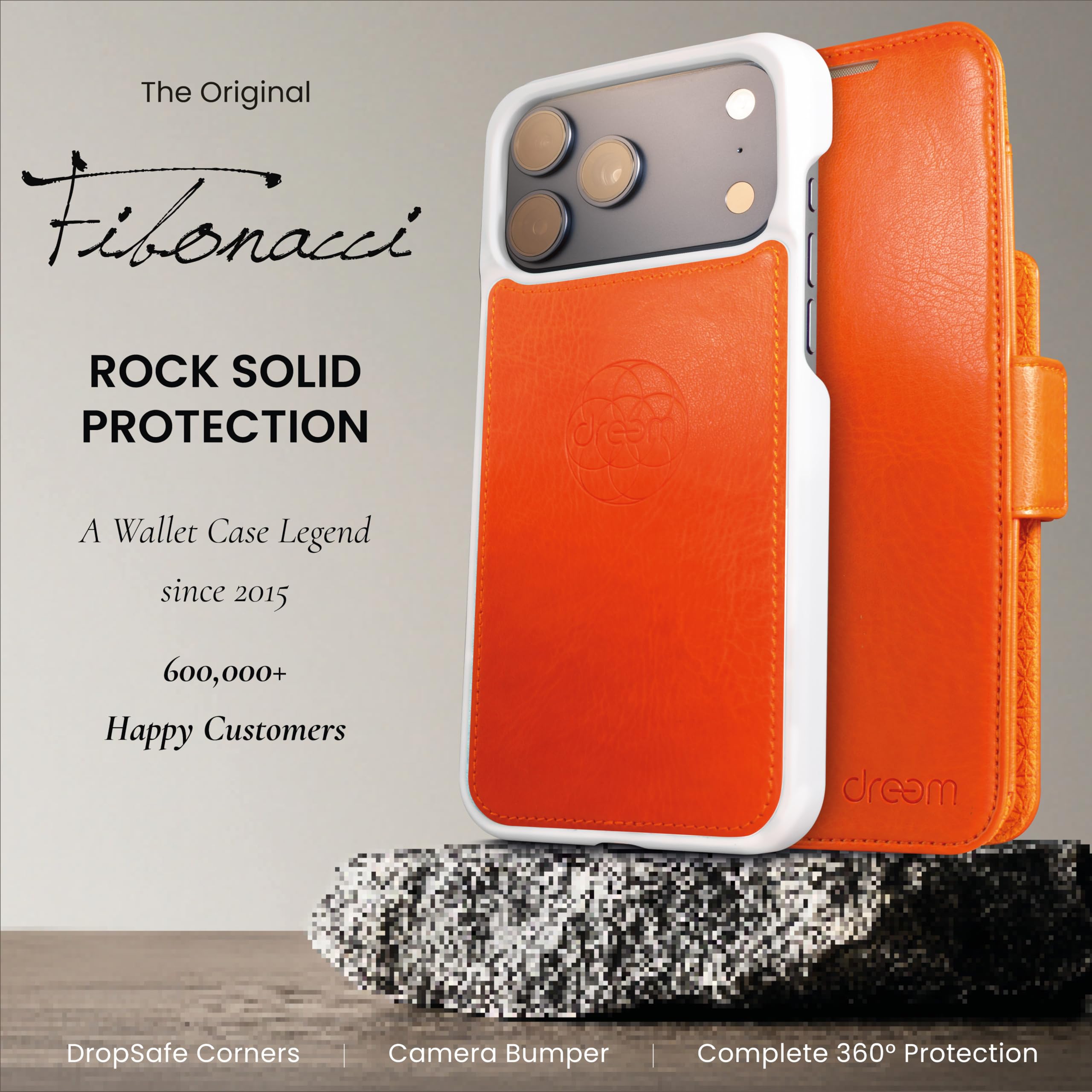 dreem Real Leather Wallet Case for iPhone 17 Pro Max, Revolutionary Vert/Hor Phone Stand, Magnetic Detachable Flip Cover RFID Blocking Card Holder, MagSafe-Fit, Gift Box [Fibonacci: Orange] - 4