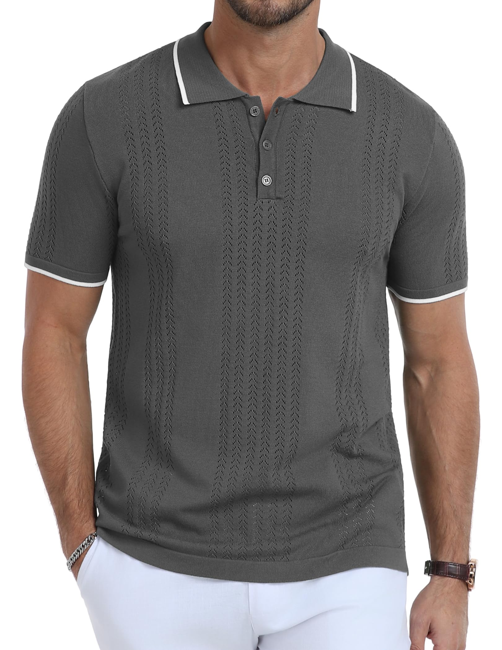 KUYIGO Men's Knit Hollow Out Polo Shirts Short Sleeve Button Collared Shirt Fashion Casual Summer Tops