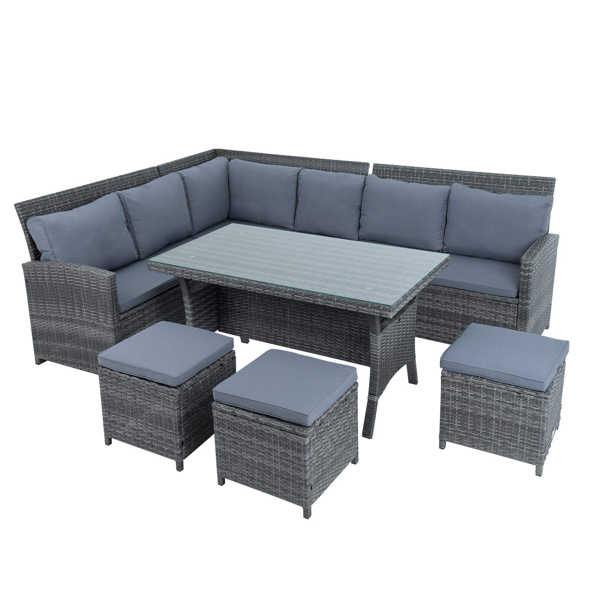 ESTEXO Polyrattan Lounge Set in luxuriöser Optik bestehend aus 1 Couch, 3 Hockern und 1 Tisch, inklusive Sitzpolster, grau