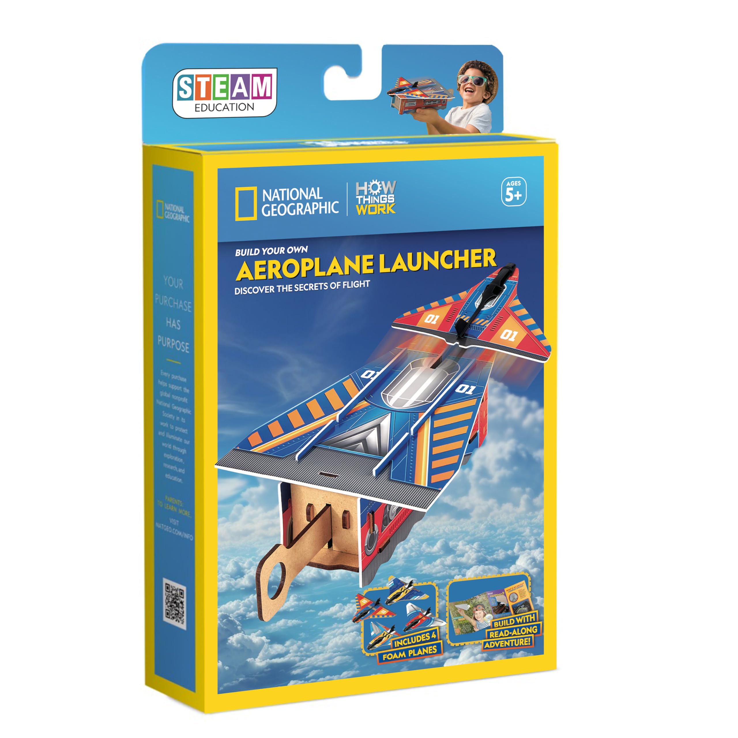 National Geographic Build Your Own Aeroplane Launcher STEAM Educational Kit, Red, Blue, Yellow, Orange