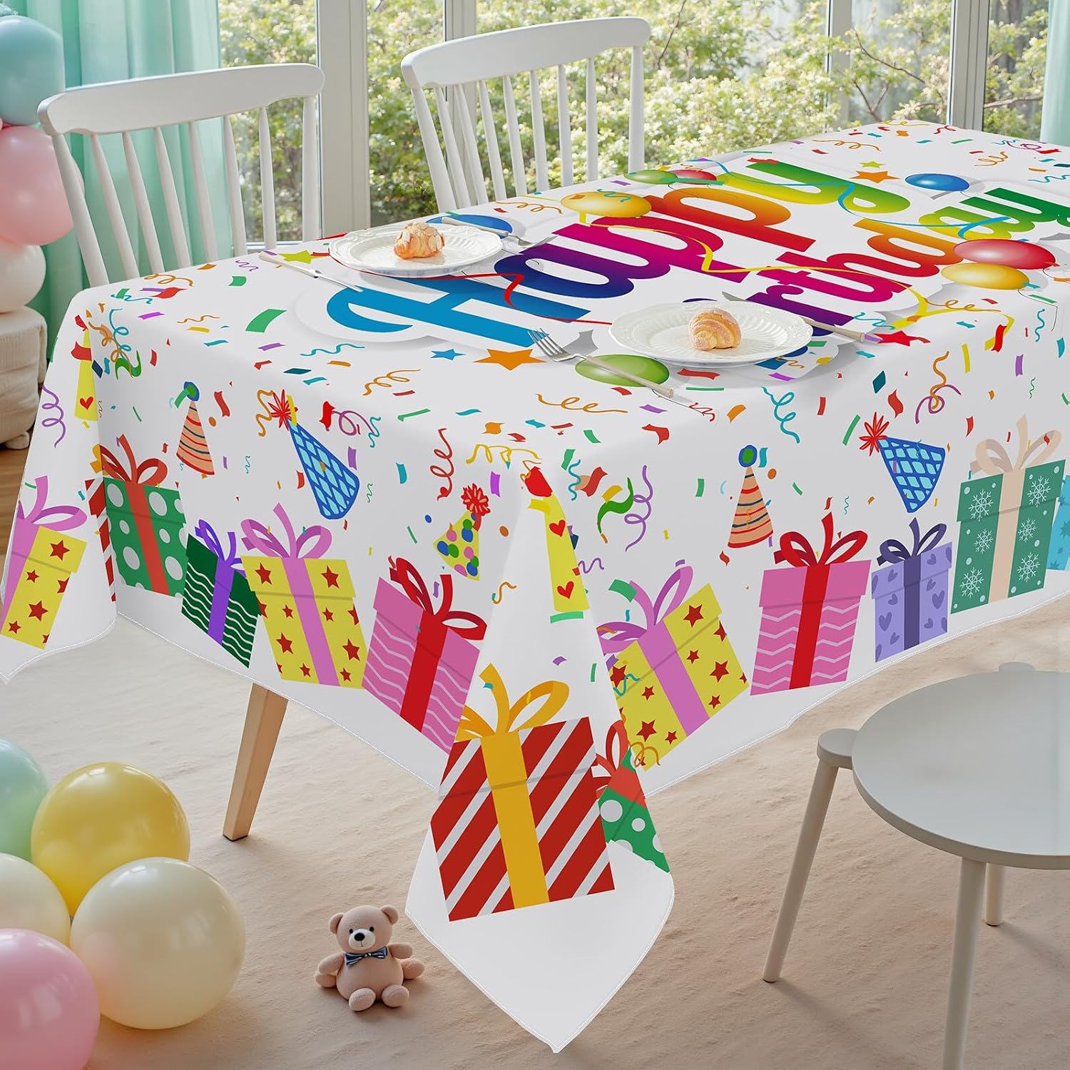 MATIRUG Happy Birthday Tablecloth Rectangle 52 x 70 Inch Gifts Box Balloons