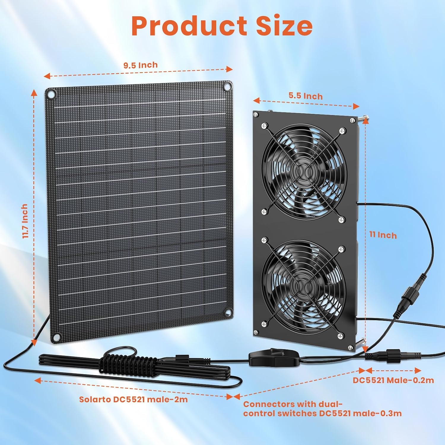 FlexSolar Solar Powered Fan Kit, 12W Solar Panel with 2 Waterproof Fans, Intake or Exhaust Air Fan wtih 13 Ft Cable for Outside Backyard Chicken Coops, Greenhouses, Dog Houses, Pet Houses