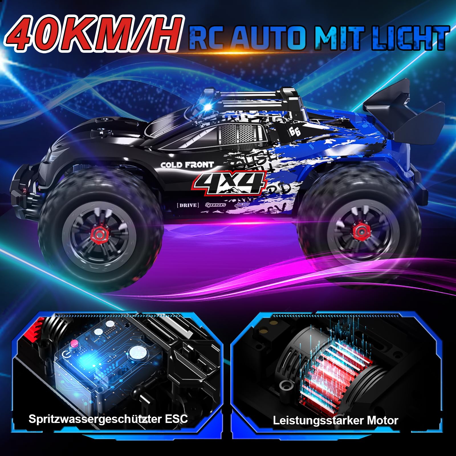Samochód zdalnie sterowany 40 km/h, 1/14 RC samochód z 7 kolorowymi światłami, 2,4 GHz, pilot zdalnego sterowania z 2 bateriami 2000 mAh, 4 WD, monster truck zdalnie sterowany RTR All Terrain