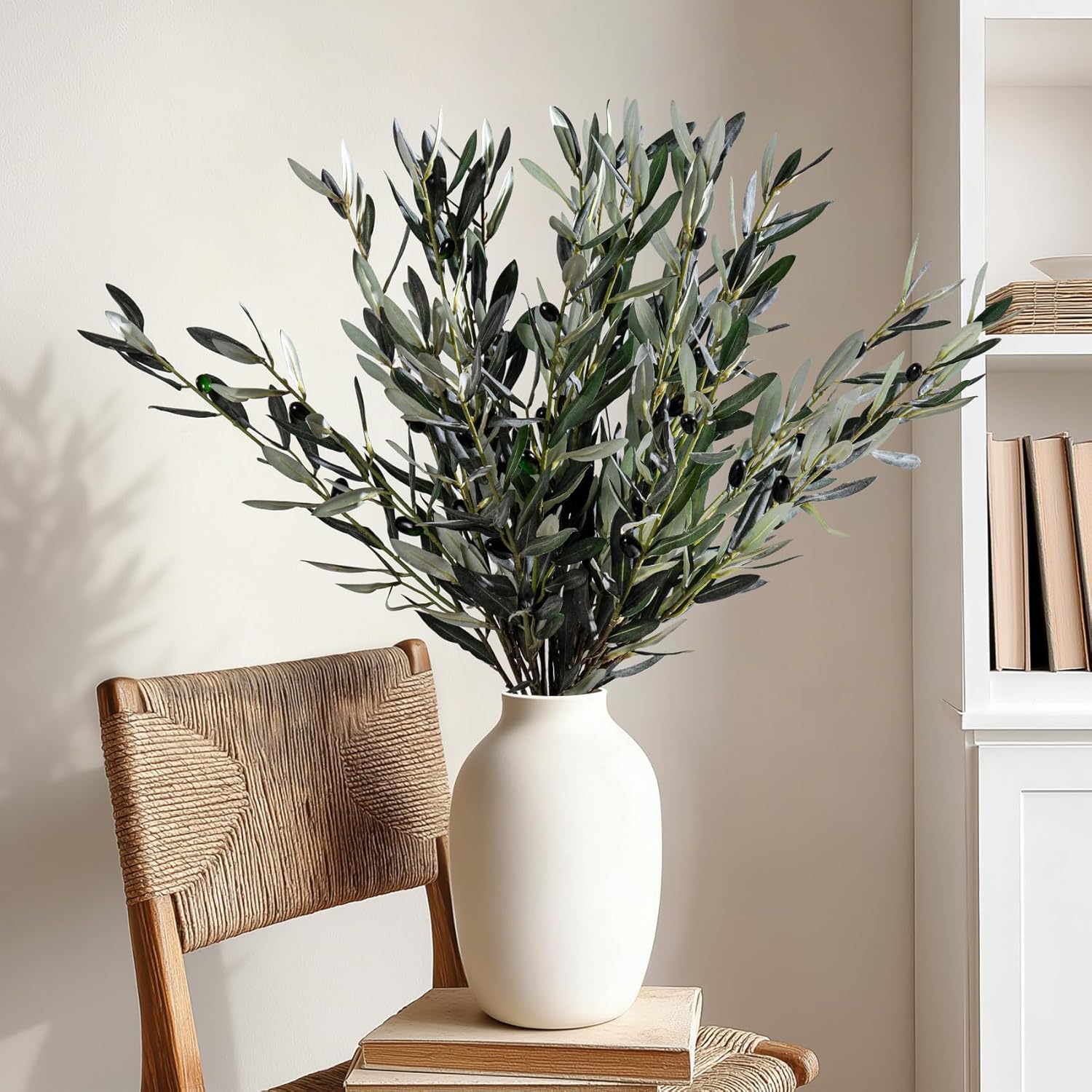 Bailikang 8PCS Premium Artificial Olive Branches for Vases - Realistic PU & Silk Faux Greenery Stems, 3 Sizes, Bendable Wire Stems, Low Maintenance Home/Office/Holiday Decor(No Vase