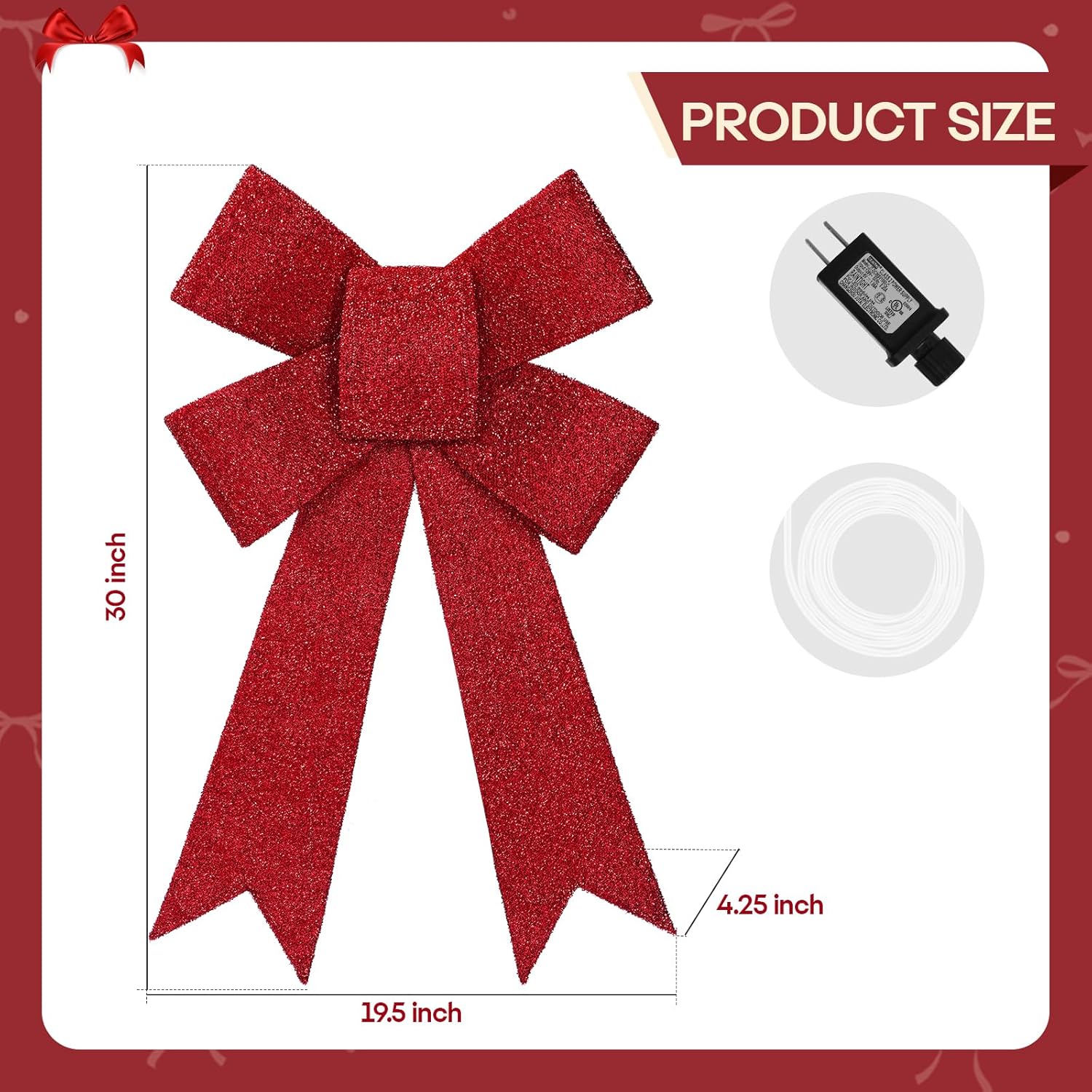 30 Inch Lighted Christmas Bow, 75 LED Pre-lit Outdoor Christmas Bow Decoration, Large Lighted Xmas Outdoor Bow for Front Door, Windows, Wall, Garage Decoration