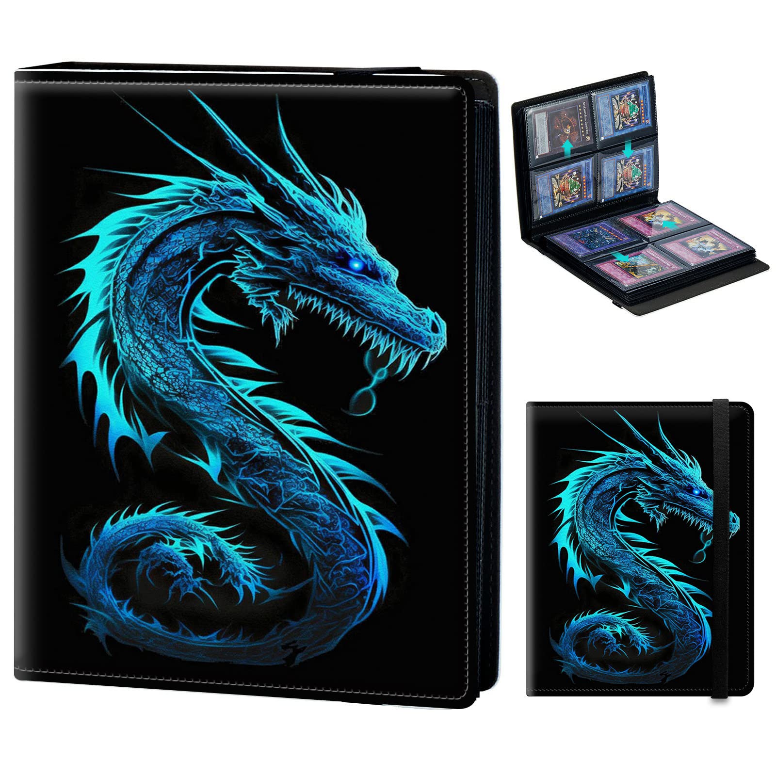 Amazon.com: Trading Card Binder 4-pocket Card Holder Binder for Pokemon  Baseball Football Hockey Sport Mtg TCG YUGIOH Card Binder Album 240 Cards  Side Load + Elastic Band-Blue neon dragon : Toys &