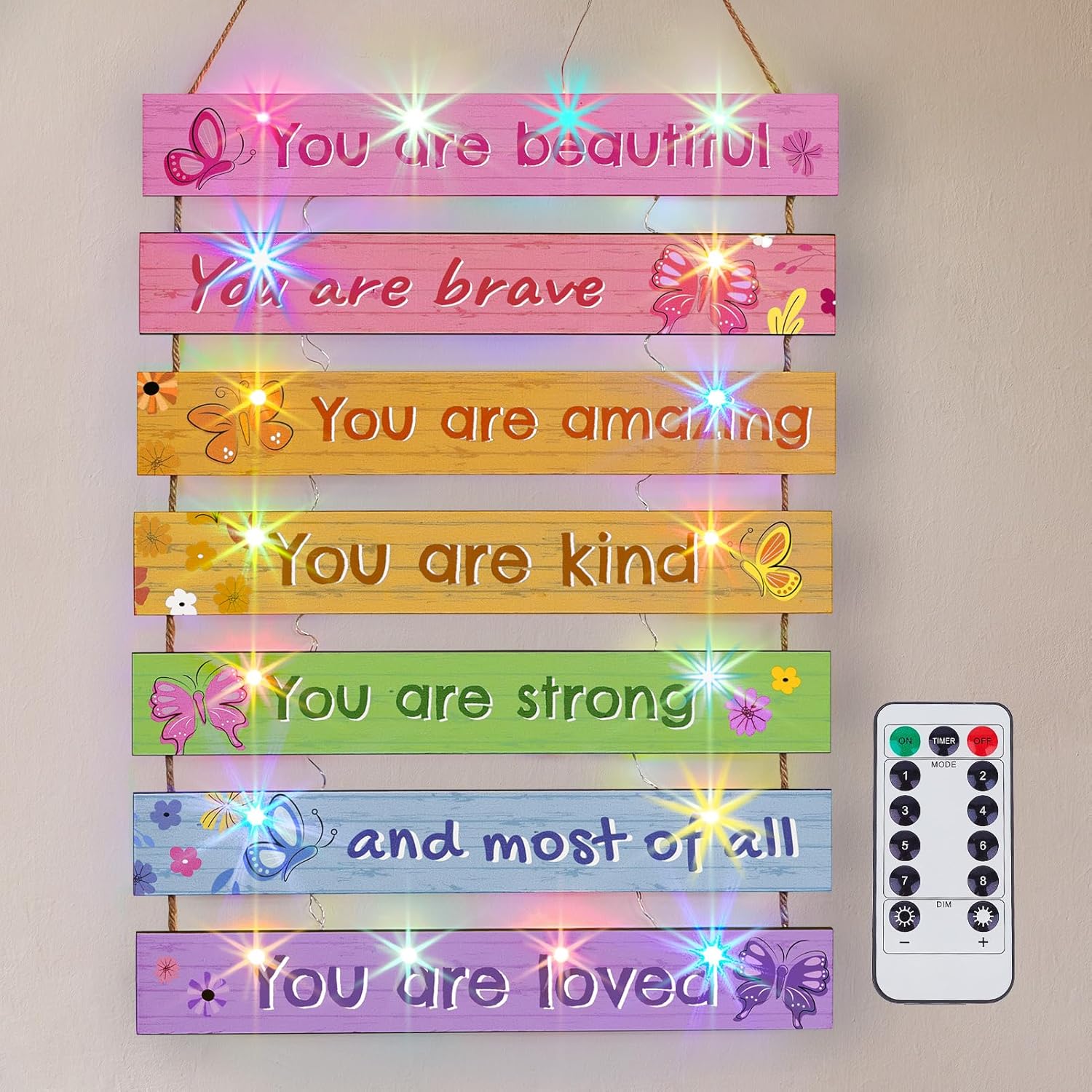 FIOBEE Girls Room Décor for Teen Girls Boys with LED Light Wall Decor for Bedroom Motivational Inspirational Wall Art Room Decoration for Kids Studyroom, 8 Kinds of Lights, Colorful Butterfly