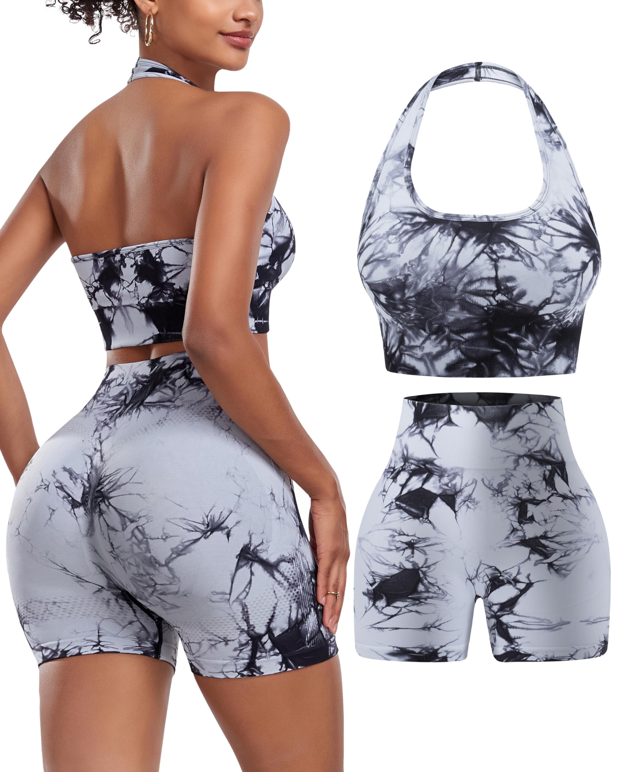 OLCHEE Workout Sets for Women 2 Piece Backless Halter Sports Bra High Waist Booty Shorts Yoga Gym Outfits Lounge Activewear