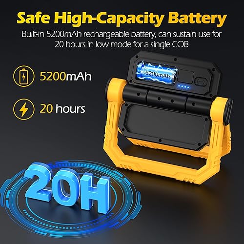 Miniatura 3 de FORTO Luz de trabajo recargable, 3000LM 2 COB luz de inundación portátil, luz de trabajo LED inalámbrica con 4 modos, linternas de iluminación LED